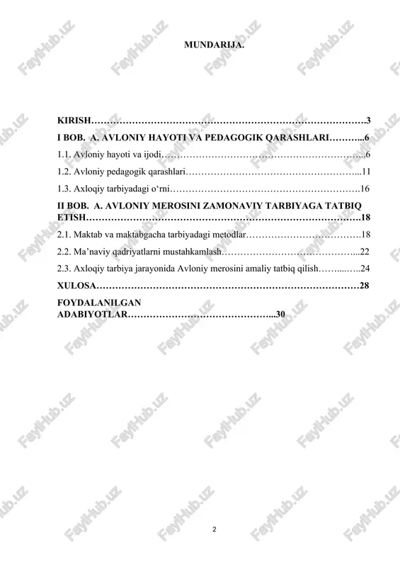 sog‘lom ijtimoiy-psixologik muhitni shakllantirish, o‘quvchilarga zamon talablari va milliy qadriyatlar asosida ta’lim-tarbiya berish, shaxs va uning huquqlarini hurmat qilishni ta’minlashga qaratilgan. shu bilan birga, abdulla avloniyning pedagogik merosi, ayniqsa uning axloqiy tarbiya borasidagi qarashlari, bugungi kunda ham dolzarbdir. avloniy o‘z asarlarida yoshlarni halollik, mehnatsevarlik, vatanparvarlik kabi axloqiy qadriyatlar bilan tarbiyalashga alohida e’tibor qaratgan. uning pedagogik qarashlari, ayniqsa, ta’lim-tarbiya jarayonida milliy qadriyatlarni tiklash va rivojlantirishda muhim ahamiyatga ega. ushbu kurs ishida abdulla avloniy pedagogik merosining zamonaviy ta’lim tizimida, xususan, axloqiy tarbiya jarayonida qo‘llanilishi o‘rganiladi. avloniyning axloqiy tarbiya borasidagi qarashlari, uning asarlarida ifodalangan axloqiy qadriyatlar, ta’lim muassasalarida axloqiy tarbiyani mustahkamlashda qanday qo‘llanilishi mumkinligi tahlil qilinadi. o‘zbekistonning ma’rifatchi va pedagoglaridan biri bo‘lgan abdulla avloniy o‘z pedagogik faoliyati davomida axloqiy va ma’naviy tarbiyaga katta e’tibor qaratgan. uning asarlari va pedagogik qarashlari yoshlarni hurmat, halollik, mehnatsevarlik va vatanparvarlik kabi axloqiy qadriyatlar bilan tarbiyalashda muhim manba hisoblanadi. avloniy shuningdek, ta’lim jarayonida o‘qituvchi shaxsining namuna bo‘lishi, ilmiy …
