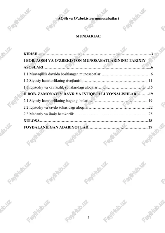 -yil 28-yanvardagi pf-60-son farmonida aqsh bilan strategik hamkorlik aloqalarini kengaytirish vazifasi qoʻyilgan. ushbu farmonda aqsh bilan “strategik hamkorlik muloqoti” va “s5+1” formatlari doirasida muzokaralarni izchil davom ettirish, shuningdek, aqsh prezidenti maʼmuriyati, davlat departamenti va kongress palatalari vakillarining oʻzbekistonga tashriflarini tashkil etish vazifalari belgilangan. prezidentning 2025-yil 28-avgustdagi chiqishida ham aqsh bilan oʻzaro manfaatli hamkorlikni kengaytirish masalalari alohida taʼkidlangan. uchrashuvda ikki mamlakat oʻrtasidagi strategik sheriklik va koʻp qirrali hamkorlik munosabatlarini yanada kengaytirish masalalari atroflicha koʻrib chiqildi. xavfsizlik sohasida, terrorizm, ekstremizm va noqonuniy migratsiyaga qarshi kurashish borasida samarali hamkorlik yoʻlga qoʻyilganligi qayd etilgan. shu bilan birga, prezidentning 2025-yil 9-yanvardagi chiqishida aqsh bilan xavfsizlik sohasidagi hamkorlikni kengaytirish, shuningdek, aqsh hukumati tomonidan inson huquqlari boʻyicha koʻrsatilayotgan yordamni yanada samarali tashkil etish masalalari muhokama qilingan. ushbu qarorlar va farmonlar oʻzbekistonning tashqi siyosatida aqsh bilan aloqalarni rivojlantirishga boʻlgan qatʼiyatni koʻrsatadi. mazkur ishda aqsh va oʻzbekiston oʻrtasidagi munosabatlarning tarixiy rivojlanishi, zamonaviy holati va istiqbolli yoʻnalishlari tahlil qilinadi.[footnoteref:2] [2: …