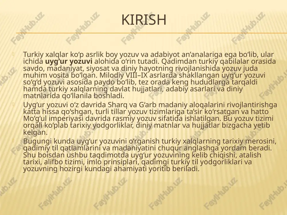 v tizimi sifatida tilga olingan va keyinchalik boshqa turkiy xalqlar ham shu nom bilan atagan. “uyg‘ur yozuvi” nomi hozirgacha ilmiy adabiyotlarda qadimiy turkiy yozuv tizimini ifodalash uchun ishlatilib kelinadi. uyg‘ur yozuvi tushunchasi uyg‘ur yozuvi — qadimgi turkiy xalqlar tomonidan yaratilgan va asosan viii–xiv asrlarda keng ishlatilgan yozuv tizimi. so‘g‘d yozuvi asosida shakllangan bo‘lib, turkiy tillar tovush tizimiga moslashtirilgan. asosan uyg‘ur xoqonligi, keyinchalik sharqiy turkiston, mo‘g‘uliston va boshqa turkiy hududlarda rasmiy yozuv sifatida qo‘llangan. davlat hujjatlari, savdo bitimlari, diniy matnlar (budda, manixey, keyinroq islomiy adabiyotlar) shu yozuvda bitilgan. keyinchalik mo‘g‘ul va manjur yozuv tizimlariga ham asos bo‘lgan. kelib chiqishi uyg‘ur yozuvi milodiy viii asrda yuzaga kelgan. asosi qadimgi so‘g‘d yozuvi bo‘lib, u esa o‘z navbatida aramey yozuviga borib taqaladi. so‘g‘d savdogarlari va madaniy aloqalar orqali yozuv uyg‘ur xalqi orasiga kirib kelgan. uyg‘ur tiliga moslashtirilib, tovush tizimi va yozish qoidalari o‘zgartirilgan. shu sababli uyg‘ur yozuvi — markaziy osiyodagi qadimgi yozuv an’analarining davomi …