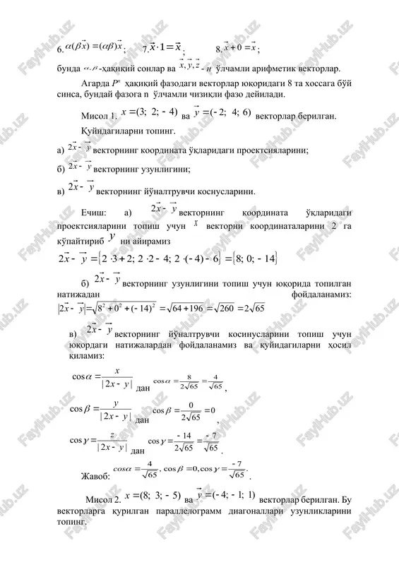 dan , dan , dan . javob: . misol 2. va vektorlar berilgan. bu vektorlarga qurilgan parallelogramm diagonallari uzunliklarini toping. echish: parallelogrammning kichik diagonali uzunligi ga teng. parallelogrammning katta diagonali uzunligi ga teng bo'ladi. mustaqil echish uchun misollar. misol 1. ) va vektorlar berilgan. quyidagilarni toping. a) vektorning koordinata o'qlaridagi proektsiyalarini; b) vektorning uzunligini; v) vektorning yo'naltruvchi kosinuslarini. misol: 2. va vektorlar berilgan. quyidagilarni toping. a) vektorning koordinata o'qlaridagi proektsiyalarini; b) vektorning uzunligini; v) vektorning yo'naltruvchi kosnuslarini. quyidagi vektorlarga qurilgan parallelogramm diagonallari uzunliklarini toping. misol:3. va . misol:4. va . misol:5. va . misol:6. va . misol:7. va . misol:8. va . misol:9. va . vektorlar orasidagi burchak. uchburchak tengsizligi vektorlarning vektor va aralash ko'paytmasi vektorning vektorga vektor ko'paytmasi deb, ko'rinishda belgilanuvchi vektorga aytiladi. bu holda vektor quyidagi shartlarni qanoatlantirishi kerak: a) vektor va vektorlar o'zaro perpendikulyar; b) vektor uchidan qaralganda vektordan vektorga eng qisqa burilish soatning o'ng tarafga yo'nalishi …