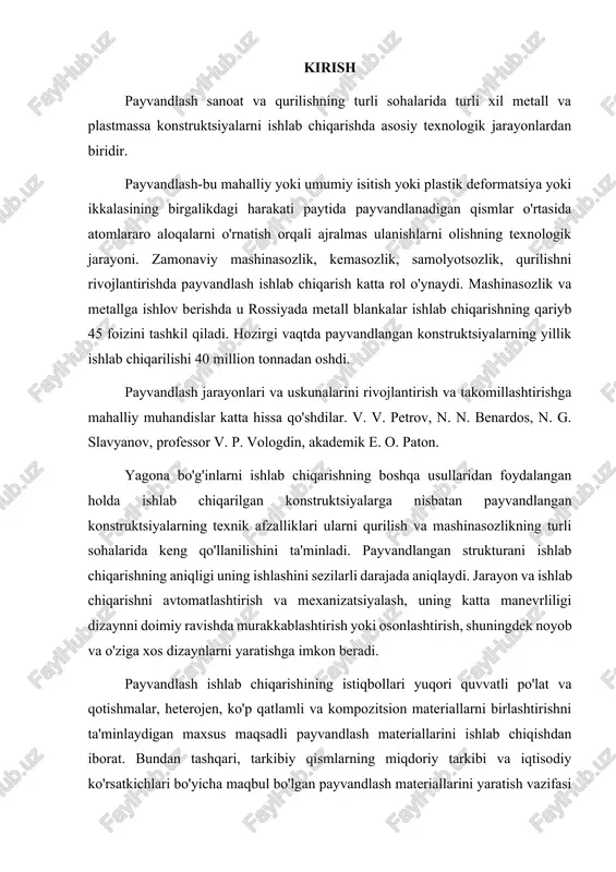 igi dizaynni doimiy ravishda murakkablashtirish yoki osonlashtirish, shuningdek noyob va o'ziga xos dizaynlarni yaratishga imkon beradi. payvandlash ishlab chiqarishining istiqbollari yuqori quvvatli po'lat va qotishmalar, heterojen, ko'p qatlamli va kompozitsion materiallarni birlashtirishni ta'minlaydigan maxsus maqsadli payvandlash materiallarini ishlab chiqishdan iborat. bundan tashqari, tarkibiy qismlarning miqdoriy tarkibi va iqtisodiy ko'rsatkichlari bo'yicha maqbul bo'lgan payvandlash materiallarini yaratish vazifasi dolzarbdir. chiqarilgan payvandlash aerozollarining gigienik xususiyatlari ham hisobga olinishi kerak. shu munosabat bilan, yuqorida keltirilgan talablarni hisobga olgan holda va ularning kontsentratsiyasi oralig'ini baholashni hisobga olgan holda, yangi tarkibiy qismlarni zaryadga kiritishni asoslash zarurati tug'iladi. mas'uliyatli payvandlangan konstruktsiyalarda yuqori quvvatli po'latlardan foydalanish doimiy ravishda kengayib boradi. yuqori quvvatli alyuminiy-lityum qotishmalari, juda yuqori qotishma qotishmalari, shuningdek tarkibida samarali modifikatorlar - skandiy, zirkonyum mavjud bo'lgan qotishmalar tobora keng qo'llanilmoqda, shu bilan birga materiallarning payvandlash qobiliyatini va payvandlangan bo'g'inlarning mexanik xususiyatlarini yaxshilaydi. yuqori kuch va korroziyaga chidamliligiga ega bo'lgan yangi konstruktiv, yaxshi payvandlangan titan qotishmalarini yaratish bo'yicha …