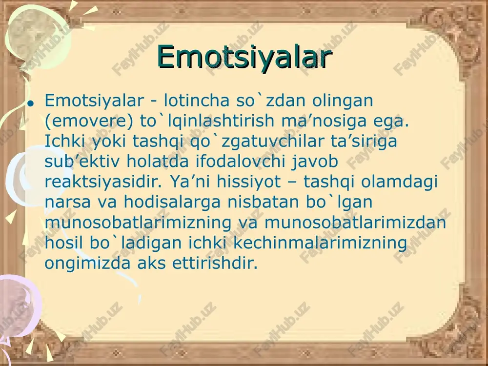 otirjamlik yoki notinchlik haqidagi fikrlarga aylanadi. signal funktsiyasi ifodalangan xatti-harakat (mimika va pantomimika) signal funktsiyasini bajaradi. ular odamning kechinmalarini boyitadi, yorqinlashtiradi va boshqa odamlarning idrok kelishini engillashtiradi. boshqaruvchanlik funktsiyasi hissiyot olamda sodir bo`layotgan narsalardan shaxs sifatidagi odam uchun ahamiyatli bo`lganlari haqida darak beruvchi signallar sistemasi hisoblanadi. ma’lum qo`zg`alishlar odam uchun xotirjamlik haqidagi signalga aylanadi. hissiyotlarning boshqaruvchanlik funktsiyasi shunda namoyon bo`ladiki, barqaror kechinmalar bizning xulqimizni yo`naltiradi va qarama-qarshiliklarni engishga undaydi. hissiyotlar hissiyotlar o`zining yuzaga kelishi nuqtai nazaridan odamning ehtiyojlari, qiziqishlari va intilishlari bilan bog`liq bo`ladi. hissiyotlar psixik faoliyatda uchta muhim vazifani: darak beruvchilik (signallik), baholash va boshqaruvchilik vazifalarini bajaradi. emotsiyalar inson va hayvonlarning ular uchun ahamiyatli bo`lgan hodisalarga munosabatini aks ettiradi. darak beruvchilik vazifasi hissiyotning darak beruvchilik vazifasi-sub`ektning tashqi qo`zg`atuvchilarning yoqimli yoki yoqimsiz ekanligini bildirib vokealar rivoji davomida o`z hatti-harakatini qanday davom ettirish kerakligini aks ettiradi. emotsiyalar – motiv sifatida emotsiyalarda shaxsning alohida voqea va hodisalarga beradigan bahosi ham o`z aksini …