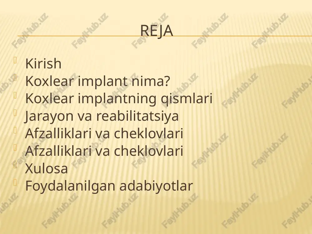 yoshiga va eshitish darajasiga bog‘liq, lekin bu davr tugagach, bemor nutq va atrofdagi tovushlarni sezuvchan tarzda qabul qila boshlaydi. afzalliklari va cheklovlari afzalliklari: nutqni tushunish qobiliyatini oshiradi ijtimoiy va ta’lim imkoniyatlarini kengaytiradi hayot sifatini yaxshilaydi cheklovlari: jarrohlik xavfi mavjud barcha eshitish yo‘qotishlari uchun mos emas qurilma va jarrohlik narxi yuqori xulosa koxlear implant og‘ir eshitish yoki eshitmaslik bilan yashayotgan insonlar uchun hayot sifatini yaxshilash imkonini beradigan muhim vositadir. u nutq va kommunikatsiya qobiliyatini rivojlantiradi, ijtimoiy va ta’lim imkoniyatlarini kengaytiradi. shu sababli, koxlear implant nafaqat tibbiy, balki ijtimoiy jihatdan ham katta ahamiyatga ega. e’itiboringiz uchun rahmat image3.jpeg image4.jpeg image5.jpeg /docprops/thumbnail.jpeg
