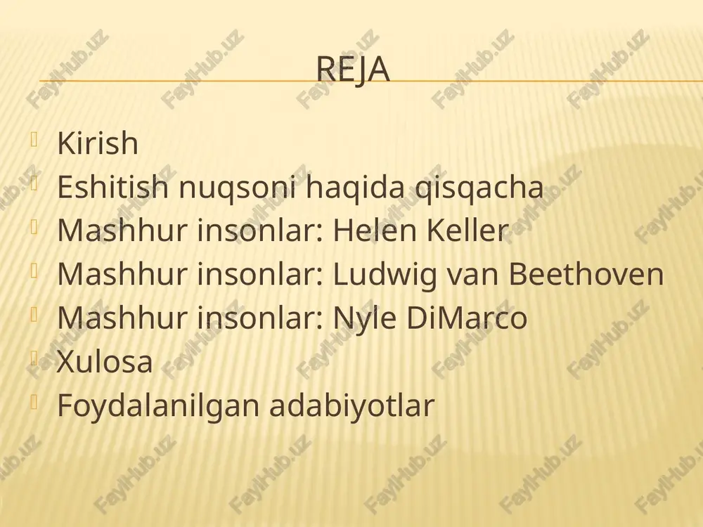soblanadi. mashhur insonlar: ludwig van beethoven ludwig van beethoven (1770–1827) ludwig van beethoven nemis bastakori va pianinochidir. u hayotining oxirida deyarli eshitmay qolgan bo‘lsa-da, musiqaga bo‘lgan sevgisi va iste’dodi bilan dunyo musiqa tarixida noyob iz qoldirdi. eshitmasdan turib, simfoniyalar, sonatalar va boshqa musiqiy asarlarni yaratgan. beethovenning asarlari inson ruhiyatini chuqur ifodalaydi va bugungi kunda ham keng e’tirof etiladi. uning hayoti shuni ko‘rsatadiki, jismoniy cheklovlar ijodiy yutuqlarga to‘sqinlik qilmaydi. mashhur insonlar: marlee matlin marlee matlin (1965–) marlee matlin amerikalik aktrisa bo‘lib, to‘liq eshitmaydi. kino va televideniyada katta muvaffaqiyatga erishgan. 1986-yilda “children of a lesser god” filmi uchun oskar mukofotini qo‘lga kiritgan yagona eshitish nuqsoni bo‘lgan aktrisa. u eshitish qobiliyati cheklangan insonlarning huquqlarini himoya qilish va ularni jamiyatga integratsiya qilishga katta hissa qo‘shadi. marlee matlinning faoliyati shuni ko‘rsatadiki, nogironlik insonning ijodiy va professional yutuqlariga to‘sqinlik qilmaydi. mashhur insonlar: nyle dimarco nyle dimarco (1989–) nyle dimarco amerikalik model, aktyor va ijtimoiy faol. u …