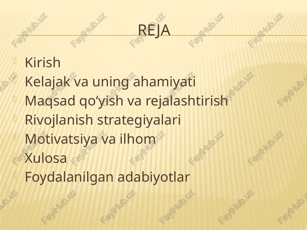 a (achievable) – erishish mumkin bo‘lgan r (relevant) – hayotingizga muvofiq t (time-bound) – vaqt chegarasi bilan mashq: o‘zingizning 1 yillik maqsadingizni smart prinsipi bo‘yicha yozing. vizual ko‘rsatmalar: smart formulasi diagrammasi yoki rangli bloklar bilan. maqsadga erishish yo‘lini ko‘rsatadigan chiziqli diagramma. motivatsion rasm: masalan, tog‘ni zabt etayotgan inson. kelajak tasavvuri matn: kelajakni tasavvur qilish sizga maqsadlaringizga erishishda yordam beradi. o‘zingizni 5 yil yoki 10 yil ichida qanday ko‘rishingizni tasavvur qiling. tasavvur qilganingizni rasm, diagramma yoki qisqa hikoya orqali ifodalash mumkin. bu mashq ijodiy fikrlash va o‘z kelajagingizga mas’uliyat bilan yondashishni rivojlantiradi. mashq: har bir o‘quvchi o‘z kelajak tasavvurini chizadi yoki qisqa yozma shaklda bayon qiladi. guruhda tasavvurlarini baham ko‘rish va bir-birini rag‘batlantirish. vizual ko‘rsatmalar: rasm: “kelajak yo‘li” yoki “tashqi ko‘rinishi” tasviri. ranglar: ko‘k va yashil – xotirjamlik va o‘sish ramzi. piktogrammalar: kitob, kompyuter, sport vositalari, ish joyi kabi kelajakdagi imkoniyatlarni ifodalovchi ikonalar. rivojlanish strategiyalari matn: shaxsiy rivojlanish – kelajakdagi muvaffaqiyatning …