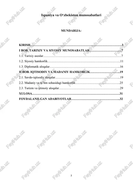a siyosiy, savdo-iqtisodiy, moliyaviy-investitsiyaviy, turizm va madaniy-gumanitar sohalardagi ikki tomonlama va ko‘p tomonlama hamkorlikni yanada faollashtirish maqsadida tadbirlar rejasi tasdiqlangan. mazkur rejada siyosiy maslahatlashuvlar, parlamentlararo aloqalarni rivojlantirish, iqtisodiy hamkorlikni kuchaytirish va madaniy almashinuvlarni kengaytirish kabi yo‘nalishlar belgilangan. shuningdek, o‘zbekiston respublikasi vazirlar mahkamasining 2006-yil 23- dekabrdagi 265-sonli qarorida o‘zbekiston respublikasi va ispaniya qirolligi o‘rtasidagi hamkorlikni yanada rivojlantirish bo‘yicha tadbirlar rejasi tasdiqlangan. 1 o‘zbekiston respublikasi prezidenti qarorlari va farmonlari. 4 ushbu rejada ispaniya qirolligida o‘zbekiston respublikasi elchixonasini ochish, ispaniya tashqi ishlar vazirining o‘zbekistonga tashrifini tashkil etish, toshkent shahrida siyosiy maslahatlashuvlarni o‘tkazish kabi tadbirlar ko‘zda tutilgan. prezident shavkat mirziyoyevning 2018-yil 7-fevraldagi “ichki turizmni jadal rivojlantirishni ta’minlash chora-tadbirlari to‘g‘risida”gi qarori asosida ichki turizmni rivojlantirishga qaratilgan chora-tadbirlar amalga oshirilmoqda. bu qaror ichki turizmni rivojlantirishga qaratilgan chora-tadbirlarni belgilaydi va turizm infratuzilmasini yaxshilashga xizmat qiladi.2 kurs ishining dolzarbligi. iqtisodiy, siyosiy va madaniy globalizatsiya davrida mamlakatlar o‘rtasidagi munosabatlar muhim ahamiyat kasb etadi. o‘zbekiston va ispaniya o‘rtasidagi hamkorlik so‘nggi …