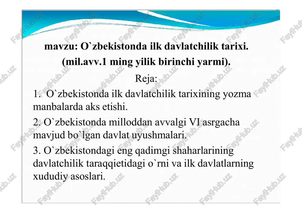 b aq tr iy a ta rk ib ig a surxondaryo qashqadaryo viloyatlari tojikistonning janubi afg’onistonning shimoliy yerlari sangirtepa qashqadaryo vohasining miloddan avvalgi viii-vii asrlarga oid manzilgohlar: yangitepa yerqo’rg’on chiroqchitepa omonqo’ton qulay tabiiy- jug’rofiy sharoitga ega bo’lgan makonlar: gurdura zirabuloq qo’tirbuloq xitoy baqtriya la’liga uzoq mamlakatlarda ham extiyoj bo’lgan: hindistonmisr yurtimizdagi ilk davlat tuzilmalarida yashayotgan aholi mashg’uloti turlari d eh q o n ch il ik v a b o g ’d o rc h il ik h u n ar m an d ch il ik c h o rv ac h il ik s av d o -s o ti q qadimgi baktriya davlati ⚫miloddan avvalgi 700-540-yillarda qadimgi baktriya davlatining (baktriya, margiena sugdienaning bir qismi) ancha rivojlangan davri bulib, uning xududlari murg`ob vohasi, xindikush tizmasi, vadaxshon, nurota tizmasi va buxoro xududlarigacha borib etgan deb taxmin qilinadi. ⚫baktriya bu davrda xorazm davlati va sak-massagetlar xarbiy-siesiy uyushmasiga chegaradosh bulgan. margiena …