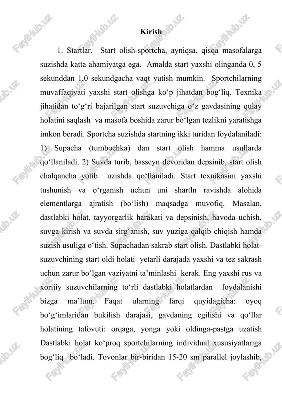 i (bukiladi), qo‘llar orqaga-yonga yo‘nalishda, kaft orqaga- yuqoriga qaratilgan bo‘ladi. suzuvchi og‘irlik markazi start olish supachasining oldingi chetiga to‘g‘ri keladigan turg‘un holatni oladi. bunday holatdan, ijro etish komandasi berilishi zahoti, tayyorgarlik harakatini va depsinishni bajarish qulay. 2. tayyorgarlik harakati va depsinish qo‘l uchiga (panjalarga) ko‘tariladi, qo‘llarni orqaga-yonga siltash yoki oldindan-orqaga aylantirish kerak. shu paytda og‘iz orqali kuchli nafas olinadi. shundan keyin gavdani oldinga tashlash bilan bir paytda, depsinish kuchini oshirish uchun oyoqlar tizza bo‘g‘imidan bukiladi, qo‘llar deyarli to‘g‘ri holida yuqoriga-oldinga siltanish harakatini o‘taydi. bu quyidagi tartibda bajariladi: chanoq-son bo‘g‘imidan, tizza va boldir-panja bo‘g‘imlaridan bukish, shu bilan bir paytda qo‘llar tirsakdan bukilib yoki to‘g‘ri holida oldinga aylanish-siltash harakati bajariladi. so‘ng depsinib, start supachasi tark etiladi.depsinish-start olishning eng muhim elementi. hisoblanadi. uchish tezligi va uzunligi, shuningdek, suvga kirgandan (tushgandan) so‘ng suzishning boshlang‘ich tezligi depsinishning kuchiga bog‘liq. depsinish kuchi ko‘proq oyoq kuchi va yozilishi tezligiga bog‘liq bo‘ladi. qo‘llarni oldinga bo‘ladigan harakati shunday aniqlik …
