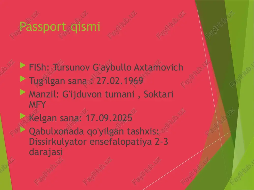 . ko'z yorug'ining kattaligi - bir xil. mimik nervlar : peshonani tirishtirish : bajaradi. qoshni chimirish : bajaradi. lunjni havo bilan to'ldirish: bajaradi status localis viii-juft n. vestibulocochleris. shikoyatlari: quloqda shovqin. eshitish o'tkirligi saqlangan ix-juft n. glossopharyngeus. shikoyatlari : ko'rish xiraligi. patologiyasi : normada x-juft n. vagus. shikoyatlari : yo'q. patologiyasi : normada xi-juft n. accessorius. shikoyatlari : yo'q. patologiyasi : normada xii-juft n.hypoglossus. shikoyatlari : yo'q. patologiyasi : normada harakat sistemasi shikoyatlari: yo'q. muskullar ishi : qo'llarda - 5 ball. oyoqlarda - 5 ball. aktiv va passiv harakatlari - saqlangan. parez va paralich yo'q. harakat koordinatsiyasi : tizza tovon sinovi - bajaradi o'ng va chap tomonda ham. romberg simptomi : qo'l va titrashi kuzatikib turg'un tura oladi. sezgi sistemasi shikoyatlari: qo'l va oyoqlarida uyushish. patologiyasi: gipoesteziya meningeal belgilar : yo'q giperrefleksiya: yo'q arefleksiya: yo'q normal refleks : bir oz chaqiriladi qorin refleksi: chaqiriladi sezgi sistemasi patologik reflekslar: babinskiy refleksi …