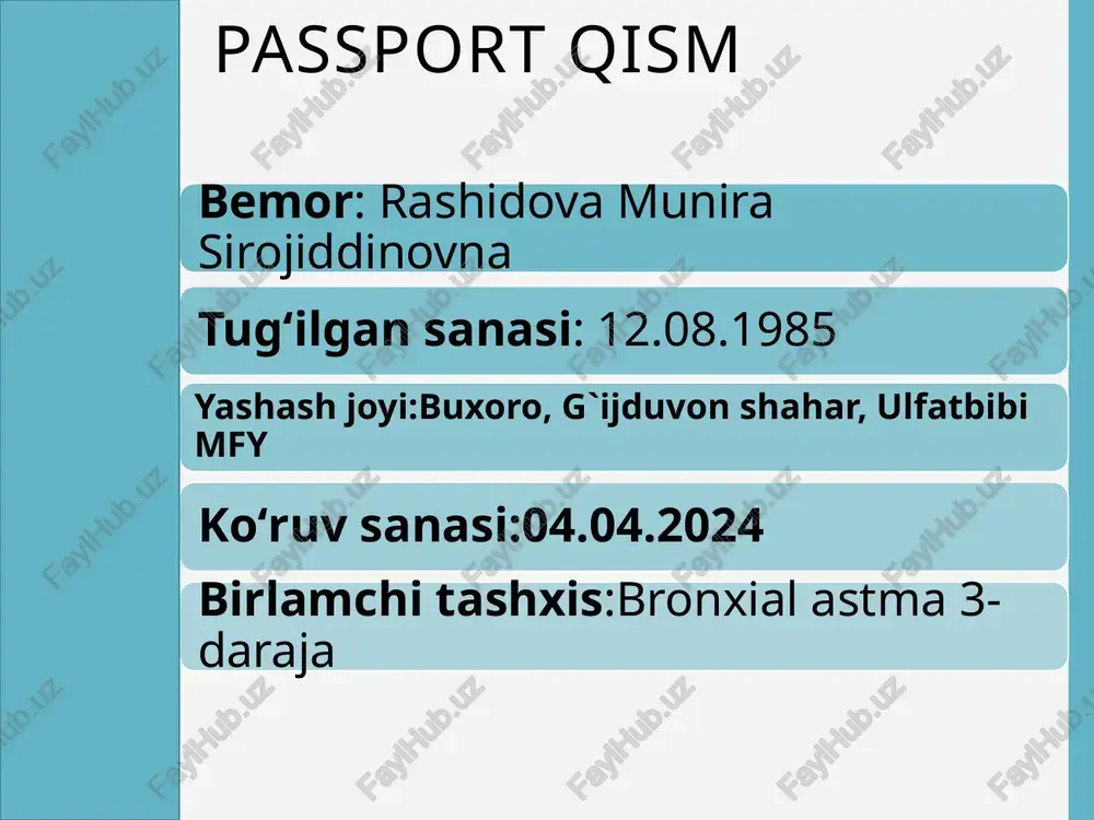 aynida yashab turgan aholi punktidan chetga chiqmagan. 3) yuqumli kasalliklar bilan kasallanmagan. 4) oxirgi 6 oy mobaynida ambulator uyida davolangan. 5) parenteral muolajalar, shu umladan inyeksiyalar ambulator sharoitda davolangan. 6) turar joy sartarosh xizmatlaridan foydalangan. status praesens ob’jectivus bemorning umumiy ahvoli ko'rik vaqtida o'rta og'ir. es-xushi o'zida, savollarga aniq va to’liq javob beradi. tana tuzulishi normostenik. teri va shilliq qavatlari rangi odatdagi rangda. teri qoplamalari toza, nam. periferik limfa tugunlari kattalashmagan, palpatsiyada og`riqsiz. tana tuzilishi normastenik.. teri osti yog' qavati o`rtacha rivojlangan. ko'z sklerasi toza. tana xarorati 36,7c. nafas sistemasi shikoyati: yo`tal, qiyin ajraladigan balg`am, hansirash, harakatlarda hansirashning kuchayishi, havo yetishmaslik xissiga, havoga to’ymaslik hissi, tomoq qichishishi. nafas olishi burun va og`iz orqali. nafas olish soni 23ta/min. ko’krak qafasi silindrik, ekskursiyasi simmetrik. ko'krak qafasi palpatsiyasida og'riqsiz. perkussiyada ikki tomonda o'pka tovushi eshitiladi. auskultatsiyada ikki tomonda vezikulyar nafas fonida quruq-hushtaksimon xirrilashlar eshitiladi. yurak qon-tomir sistemasi shikoyati: yurakni tez urushiga, hansirashga yurak …