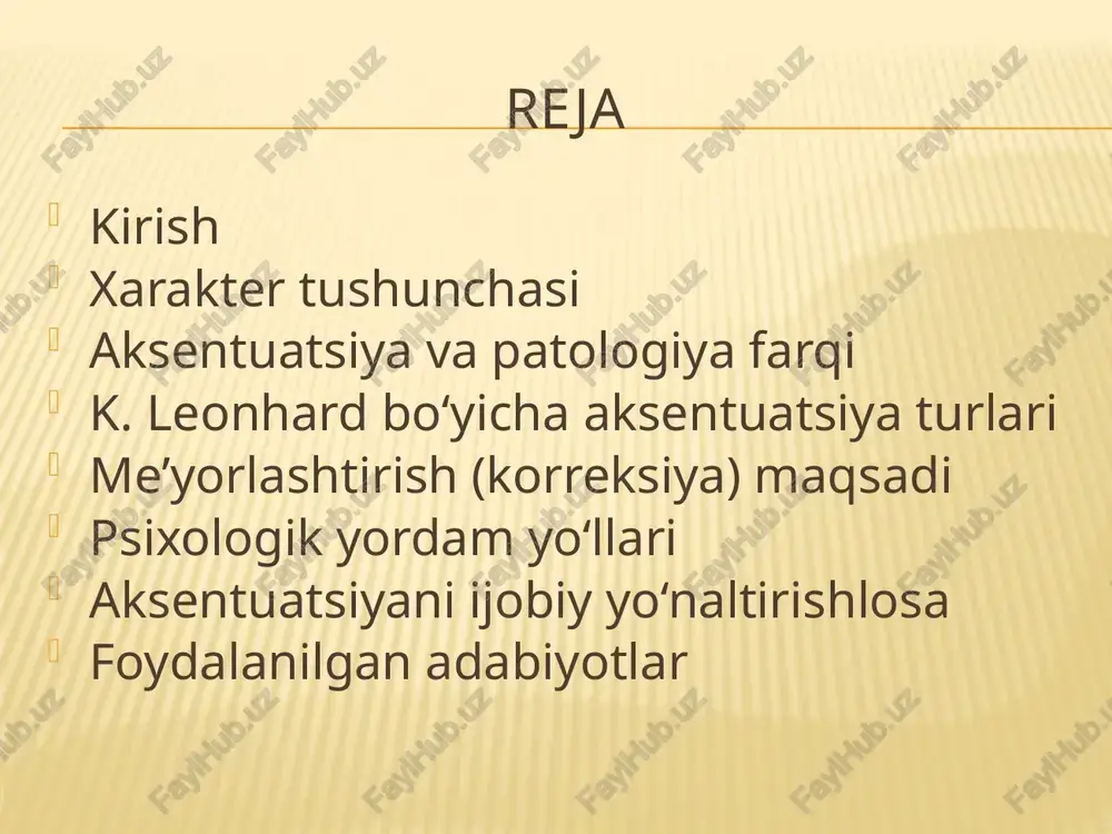 esa qat’iylik yoki tortinchoqlik haddan ortiq bo‘ladi. aksentuatsiya — psixik buzilish emas, balki norma bilan patologiya o‘rtasidagi chegara holat hisoblanadi. u odatda ma’lum hayotiy vaziyatlarda faollashadi va vaqt o‘tishi bilan yumshab ketishi mumkin. to‘g‘ri yo‘naltirilgan ta’lim va tarbiya orqali aksentuatsiyaga ega shaxslar jamiyatda muvaffaqiyatli moslashishi mumkin. aksentuatsiya va patologiya farqi aksentuatsiya va psixopatiya ko‘p hollarda o‘xshash tuyuladi, ammo ular o‘rtasida muhim farqlar mavjud.aksentuatsiya — bu xarakter xususiyatlarining kuchaygan, lekin me’yordan chiqmagan holati,psixopatiya esa — shaxsiyat buzilishi bo‘lib, ijtimoiy moslashuvni qiyinlashtiradi. belgilar aksentuatsiya psixopatiya xususiyatlarning kuchayishi ha ha ijtimoiy moslashuv saqlanadi buziladi holatning davomiyligi vaqtinchalik, vaziyatga bog‘liq doimiy tuzatish, me’yorlashtirish mumkin qiyin psixologik yordam samara beradi ha juda cheklangan aksentuatsiya nazariyasining asoschilari xarakter aksentuatsiyasi nazariyasi xx asr o‘rtalarida bir nechta olimlar tomonidan ishlab chiqilgan. bu yo‘nalishda eng muhim hissa qo‘shgan ikki psixolog — karl leonhard va andrey evgenyevich lichko hisoblanadi. 🧩 karl leonhard (1904–1988) nemis psixologi, “xarakter aksentuatsiyasi” atamasini birinchi bo‘lib …