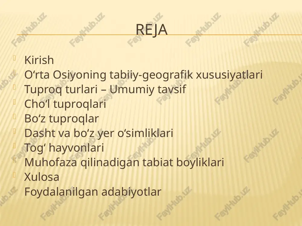 ya ishlarini talab qiladi. qora tuproqlar esa o‘rta osiyo hududida juda kam tarqalgan bo‘lib, asosan tog‘ yonbag‘irlarida uchraydi. umuman olganda, tuproqlar unumdorligi va ularning xo‘jalikdagi ahamiyati mintaqada suv resurslaridan foydalanish bilan bevosita bog‘liqdir. cho‘l tuproqlari o‘rta osiyo hududining katta qismini cho‘l tuproqlari egallaydi. bu tuproqlar asosan qizilqum va qoraqum cho‘llarida keng tarqalgan. cho‘l tuproqlarining asosiy xususiyati shundaki, ular mexanik tarkibi yengil bo‘lib, unumdorligi past hisoblanadi. namlik yetishmasligi va yog‘in miqdorining kamligi tufayli ularning tarkibida organik modda juda oz bo‘ladi. cho‘l tuproqlarida ko‘pincha sho‘rlanish jarayoni kuchli kechadi, shu sababli ularni qishloq xo‘jaligida foydalanish uchun sug‘orish va melioratsiya ishlarini amalga oshirish zarur. bu tuproqlarda asosan cho‘l o‘simliklari – saxsovul, yantoq, qandim kabi o‘simliklar o‘sadi va ular chorvachilik uchun muhim yem-xashak manbai hisoblanadi. bo‘z tuproqlar bo‘z tuproqlar o‘rta osiyo hududida eng keng tarqalgan tuproq turlaridan biridir. ular asosan o‘zbekiston, tojikiston va qirg‘izistonning vodiy va adir hududlarida uchraydi. bo‘z tuproqlar iqlimi nisbatan yumshoqroq bo‘lgan …