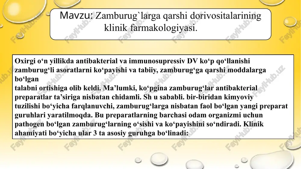 amin (amfoteritsin v+metilglukamin), mikogeptin • imidazol unumlari: ketokonazol (nizoral), mikonazol • triazolli birikmalar: flukonazol (diflyukan), flukorik, itrakonazol (sporanoks) kandidozlarni davolashda qo‘llanadigan preparatlarga kiradi: • p oliyenli antibiotiklar: nistatin, levorin, m ikogeptin, natamitsin (pimofutsin) • imidazol unumlari: ketokonazol (nizoral), mikonazol (daktorin) • o‘simlikdan olinadigan moddalar: olaskar (shuvoq), kalendula, moychechak, bo‘ymodaron nistatin birinchi tabiiy zamburug‘ga kdrshi antibiotik bo‘lib, mahalliy qo‘llash va ichishga (faqat candida zamburug‘iga ta’sir ko‘rsatadi) buyuriladi. preparat miy, tery usti va intravaginal usullarda yuborilganda deyarli so‘rilmaydi. preparat odatda yaxshi ko‘gariladi va ba’zida dispeptik buzilishlar chaqiradi. qo‘llashga ko‘rsatmalar — og‘iz bo‘shlig‘i kandidozi, qizil o‘ngach, ichak, teri va shilliq qobiqlarni mahalliy davolash. bir vaqgda antibiotiklar bilan oddini olish (profilaktika) maqsadida qo‘llash tibbiyot va iqgisodiy nuqgai nazardan asoslanmagan. amfoteritsin v — vena ichiga yuboriladigan, keng doirali fungitsid faollikka ega poliyenli antibiotik hisoblanadi. tizimli m ikozlarning ko‘pchiligini davolashda qo‘llanadi. amfoteritsin v kanditsa, aspergilla, blastomitsetlar, gisto-plazma, kriptokokk, koksidiodid va boshqalarga nisbatan sezgir. preparat orga- nizmning …