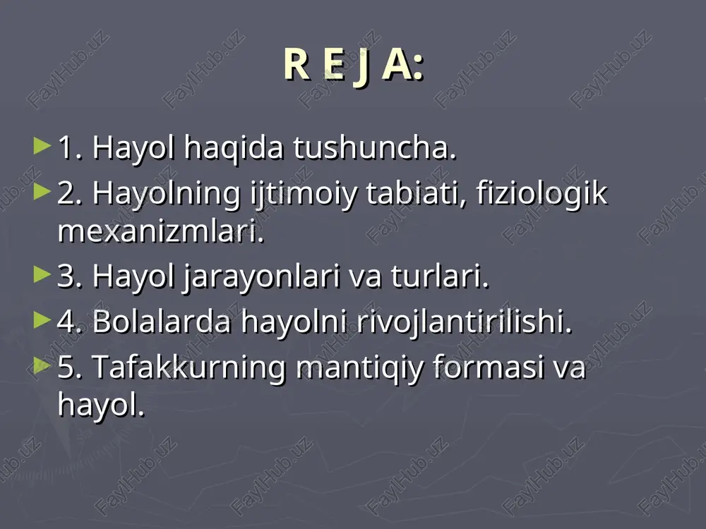 iya yarim sharlari po`stlog`i bilan birga qatnashuvchi miyaning ana shunday chuqur qismlari gipotalam-limbik (uning qadimsgi po`stloq va po`stoq osti qismlari bilan bog`lanishi miya yarim sharlarga chiqaverishda oldingi qismi atrofida «limb» yoki chegara hosil bo`ladi) sistemadir. eksprimentlardan shu narsa aniqlagandiki, gipotalam - limbik sistema zararlanganda, kishi psixikasida o`ziga xos buzilishi sodir bo`ladi: odamning xatti-harakatlari guyo ma’lum programma bilan boshqarilayotgan va bir biri bilan bog`lanmagan alohida-alohida shu bilan birga o`z-o`ziga etarli darajada murakkab va bir butun harakatlardan iboratdek tasavvur tug`iladi. hayolning turlari tushlar – uyquda yuzaga keladigan ixtiyorsiz obrazlar bo`lib, ular tez unitilishi yoki uzoq muddatga saqlanishi mumkin. orzu – inson ongidagi real va noreal tasavvurlar bilan bog`liqdir. aktiv hayol – insonning hayotiy rejalarini, xohish – istaklarini amalga oshirishda o`z aksini topadi. masalan: yangi avtomabil yaratish, gess qurilishi rejasini tuzish shularga misoldir. reproduktiv hayolda aniq real vazifani amalga oshirish maqsad qilib qo`yiladi. unda fantaziya elementlari mavjud bo`ladi. produktiv (ijodiy) hayol - bizning …
