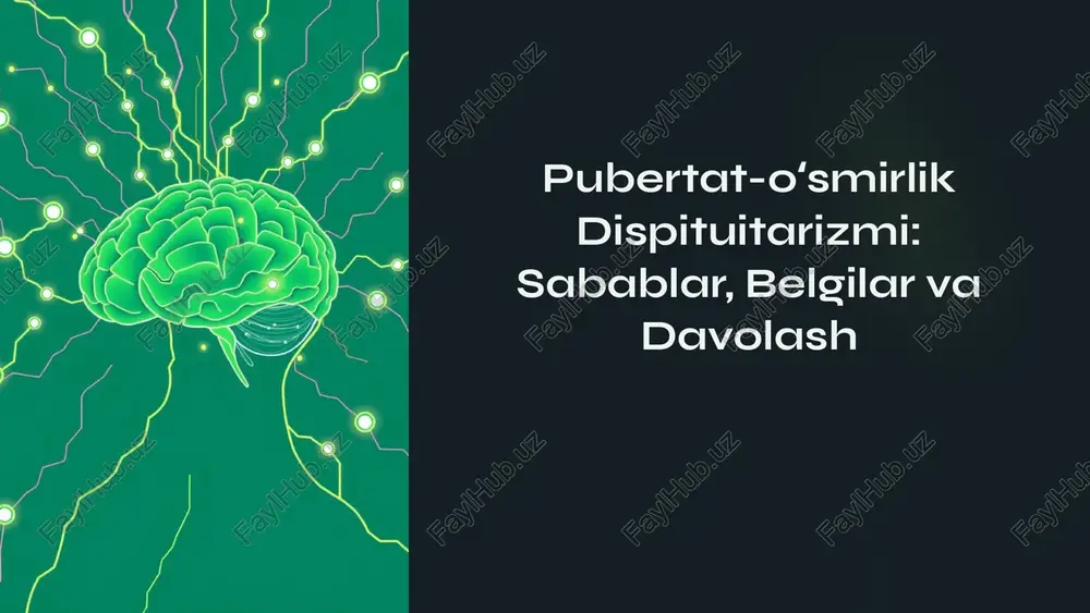 teron darajalarini o‘lchash. vizualizatsiya zarur bo‘lsa, miya mri va ultratovush tekshiruvlari. 7 pubertat dispituitarizmi turlari periferik gipogonadotropik yoki gipergonadotropik gonadotropinsiz gonadotropin past yoki normal gonadotropinli gonadotropin darajasi yuqori markaziy gonadotropinli yoki yo'q 8 davolash yondashuvlari erta pubertat gnrh analoglari yordamida gipotalamus faoliyatini vaqtincha to‘xtatish. periferik pubertat asosiy sababni aniqlab, jarrohlik yoki gormonal terapiya. kechikkan pubertat gormonlar bilan qo‘llab-quvvatlash va asosiy kasalliklarni davolash. 9 psixologik va ijtimoiy ta’sirlar "bolalarda o‘zini boshqalardan farq qilganini his qilish paydo bo‘lishi mumkin." ota-onalar va bolalar uchun psixologik qo‘llab-quvvatlash muhim. vaqtida tashxis va davolash ijtimoiy moslashuvni sezilarli darajada yaxshilaydi. 10 xulosa: pubertat dispituitarizmini yaxshi tushunish muhim erta va kechikkan pubertat jiddiy tibbiy holat bo‘lishi mumkinligini unutmang. to‘g‘ri tashxis va samarali davolashda mutaxassislar yordami har doim zarur. vaqtida aralashuv bolaning sog‘lom rivojlanishini va kelajakdagi farovonligini ta’minlaydi. 11 image1.png image2.png image3.png image4.png image5.png image6.png image7.png image8.png image9.png image10.png image11.png image12.png image13.png image14.png image15.png image16.png image17.png image18.png image19.png image20.png …