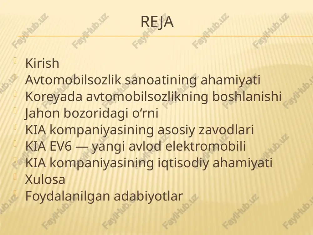 yundai”, “kia” va “daewoo” kompaniyalari tashkil topgan. 1980-yillardan boshlab – koreya avtomobillari eksportga chiqdi va jahon bozorida tanila boshladi. bugun esa koreya dunyodagi eng yirik avtomobil ishlab chiqaruvchilardan biridir. asosiy avtomobil kompaniyalari janubiy koreyada avtomobilsozlik sohasida bir nechta yirik kompaniyalar faoliyat yuritadi. ular nafaqat ichki bozorda, balki xalqaro miqyosda ham yuqori obro‘ga ega. eng yirik kompaniyalar: hyundai motor company – koreyaning eng yirik va yetakchi avtomobil ishlab chiqaruvchisi. kia motors – hyundai guruhiga kiruvchi mashhur brend, zamonaviy dizayn va ishonchliligi bilan tanilgan. genesis – premium sinfdagi avtomobillar ishlab chiqaruvchi brend. renault korea motors – fransiyaning renault kompaniyasi bilan hamkorlikda ishlaydi. kg mobility (sobiq ssangyong) – yo‘ltanlamas va krossover avtomobillari bilan mashhur. bu kompaniyalar koreya iqtisodiyotining asosiy tayanchi bo‘lib, har yili millionlab avtomobillar ishlab chiqaradi. jahon bozoridagi o‘rni janubiy koreya bugungi kunda jahon avtomobil bozorida eng yetakchi davlatlardan biridir. mamlakat avtomobil ishlab chiqarish hajmi bo‘yicha dunyoda 5-o‘rinni egallaydi. asosiy ko‘rsatkichlar: har …