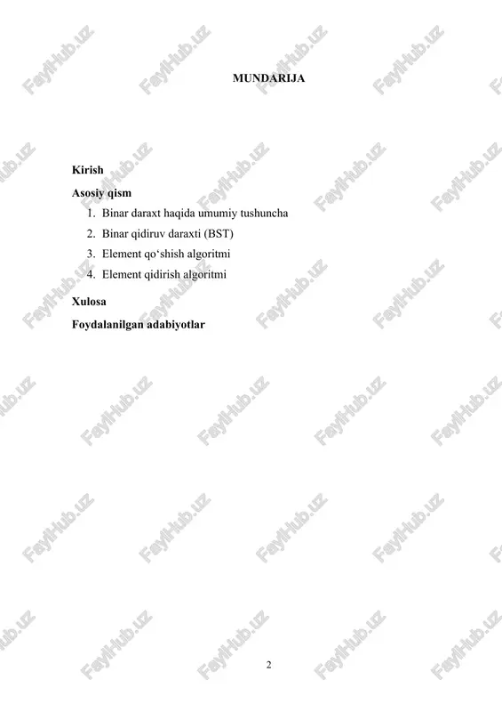 alib o‘tiladi. 1. binar daraxt haqida umumiy tushuncha daraxt – bu graf tipidagi maxsus ma’lumotlar tuzilmasi bo‘lib, u tugunlardan (node) tashkil topadi va ular ierarxik tarzda joylashadi. daraxtning eng yuqori qismi ildiz (root) deb ataladi, ildizdan pastga qarab esa farzand (child) tugunlar hosil bo‘ladi. daraxt ko‘plab sohalarda – fayl tizimlari, algoritmlar, sun’iy intellekt, qidiruv mexanizmlari va matematik hisoblashlarda keng qo‘llaniladi. binar daraxt – bu har bir tuguni eng ko‘pi bilan ikki farzandga ega bo‘lishi mumkin bo‘lgan daraxt turidir. u ikkita asosiy qismga bo‘linadi: chap farzand daraxti (left subtree) o‘ng farzand daraxti (right subtree) binar daraxtda har bir tugun quyidagi elementlardan iborat bo‘ladi: qiymat (value/key) – tugunda saqlanadigan ma’lumot. chap ko‘rsatkich (left pointer) – chap farzand tugunga ishora qiladi. o‘ng ko‘rsatkich (right pointer) – o‘ng farzand tugunga ishora qiladi. binar daraxtning asosiy xususiyatlari: har bir tugunning faqat bitta ota (parent) tuguni bo‘ladi (ildiz bundan mustasno). tugunlarning soni cheklanmagan bo‘lsa-da, har bir …