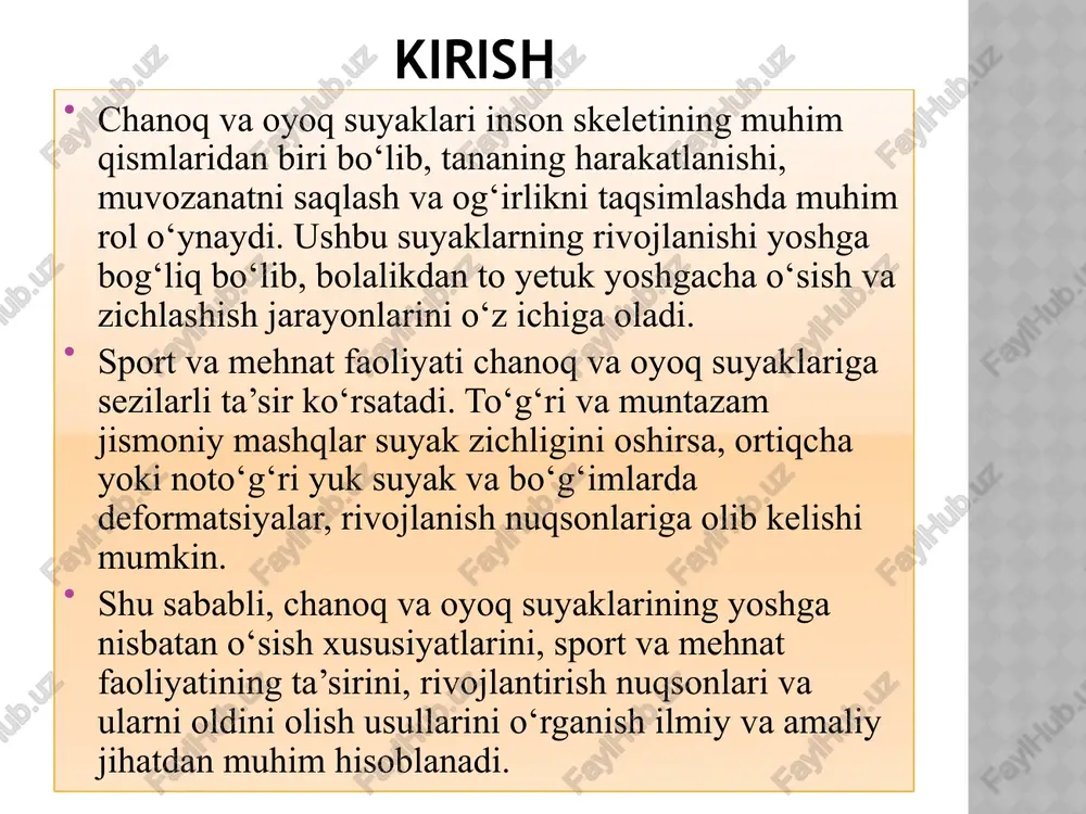 lari: tarsal – to‘piq va oyoq tagi metatarsal – oyoq uzun qismini hosil qiladi falanks – barmoqlar suyaklari xususiyatlar: harakat va muvozanatni ta’minlaydi yukni teng taqsimlaydi yurish, yugurish va sakrashga yordam beradi chanoq suyaklarining yoshga bog‘liq xususiyatlari yangi tug‘ilgan davr: chanoq suyaklari yumshoq, elastik uch qism (ilium, ischium, pubis) alohida bo‘ladi bolalik (1–7 yosh): suyaklar tez o‘sadi qattiqlashish jarayoni boshlanadi o‘smirlik (8–18 yosh): ilium, ischium va pubis asta-sekin birlashadi chanoq shakli jinsiy xususiyatlarga qarab farqlana boshlaydi yetuk yosh (20–25 yosh): chanoq suyaklari to‘liq qattiqlashadi va birlashadi mushak va ligamentlar mustahkamlanadi keksalikda: suyak zichligi pasayadi deformatsiya va sinish xavfi ortadi oyoq suyaklarining yoshga bog‘liq xususiyatlari chaqaloq (0–1 yosh): oyoq suyaklari yumshoq va egiluvchan bo‘g‘imlar va epifizlar juda faol bolalik (1–7 yosh): suyaklar tez o‘sadi, uzunlik ortadi mushaklar va ligamentlar suyaklarni mustahkamlaydi o‘smirlik (8–18 yosh): oyoq suyaklari shakl va uzunlikda yakuniy ko‘rinishga yaqinlashadi femur va tibia tez o‘sadi, bo‘g‘imlar mustahkamlanadi yetuklik (20–25 …