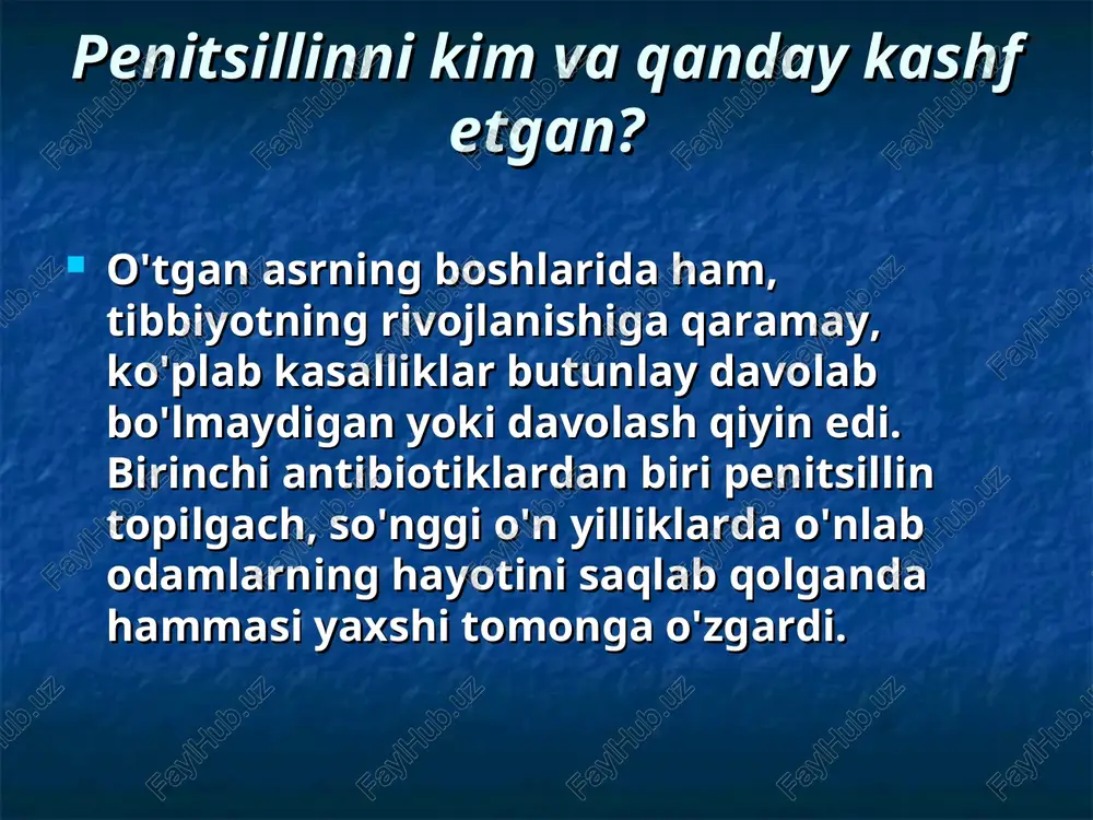 bo'lganda, ular juda tez o'sishni boshlaydilar. mog'orning antibakterial ta'siri yoki aniqrog'i uning navlaridan biri - penicillium qo'ziqorini - qadim zamonlardan beri ma'lum. yiringli kasalliklarni davolash uchun mog'ordan foydalanishga havolalar avitsenna (11-asr) va paracelsus (16-asr) nomi bilan mashhur bo'lgan filipp fon xohenxaymning asarlarida uchraydi. mog'orning bakteritsid xususiyatlari 19-asrda faol muhokama qilingan va o'rganilgan. va 1960-yillarda ikki rus shifokori - aleksey polotebnov va vyacheslav manassein o'rtasida haqiqiy ilmiy munozaralar boshlandi. a.polotebnov mog'or barcha mikroblarning ajdodidir, deb da'vo qilgan bo'lsa, v.manassein butunlay qarama-qarshi nuqtai nazarni himoya qildi. uning da'volarini tasdiqlash uchun u yashil mog'or madaniyatini tadqiq qilishni boshladi. u ozuqaviy muhitga mog‘or sporalarini sepdi va o‘z kuzatishlari natijalariga ko‘ra mog‘or qo‘ziqorini o‘sgan joyda bakteriyalar rivojlanmasligini qayd etdi. bundan mantiqiy xulosa chiqarildiki, mog'or qo'ziqorinlari boshqa mikroorganizmlarning rivojlanishiga to'sqinlik qiladi. xuddi shu jarayonni keyin a.polotebnov kuzatdi va oxir-oqibat noto'g'ri nuqtai nazarni himoya qilganini tan oldi. polotebnov eksperimental natijalar bilan shunchalik qiziqib qoldiki, u mog'orning bakteritsid …