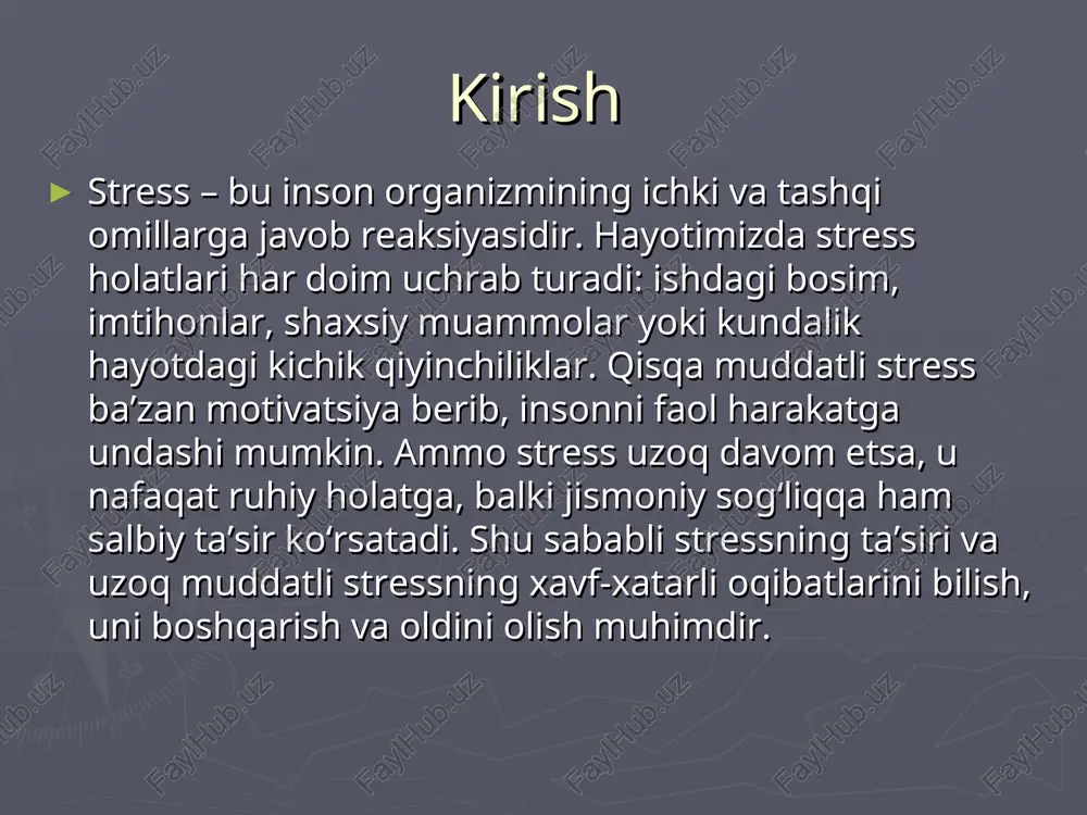 mir kasalliklari: gipertenziya, infarkt, aritmiyalar. oshqozon-ichak muammolari: dispepsiya, gastrit, yaralar. immun tizimi zaiflashishi: tez-tez kasallanish, infeksiyalarga chidamsizlik. mushak va bo‘g‘im og‘riqlari: mushak tarangligi, charchoq. gormonal buzilishlar: metabolizm va energiya balansining o‘zgarishi. uzoq muddatli stressning ruhiy oqibatlari depressiya va xavotir buzilishlari – kayfiyat pastligi, doimiy tashvish. konsentratsiya va xotira muammolari – ish va o‘qish samaradorligi pasayadi. emotsional taranglik va irritabellik – tez ranjish, sabrsizlik. ijtimoiy izolyatsiya – do‘stlar va oila bilan munosabatlarda qiyinchiliklar. hayotdan rohat olmaslik – kundalik faoliyatga qiziqish yo‘qoladi. stressning psixologik belgilarini aniqlash tez charchash va uyqusizlik – organizm to‘liq tiklanmaydi. o‘z-o‘zini past baholash – ishonch va motivatsiya pasayadi. ishga yoki o‘qishga qiziqishning yo‘qolishi – faoliyat samaradorligi tushadi. tez-tez kayfiyat o‘zgarishi – ranjish, g‘azab, tushkunlik. diqqat va xotira muammolari – oddiy ishlarni bajarish qiyinlashadi. stressni kamaytirish usullari fizik mashqlar va sport – mushaklarni bo‘shatadi, energiya sarflashga yordam beradi.sog‘lom ovqatlanish va uyqu tartibi – organizmni tiklaydi, immun tizimini mustahkamlaydi.nafas olish …