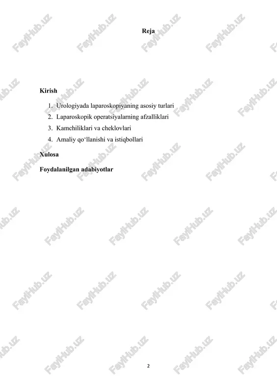 da ushbu usul keng joriy qilinmoqda. respublika ixtisoslashtirilgan urologiya markazlari, xususiy klinikalar hamda viloyat shifoxonalarida zamonaviy laparoskopik uskunalar bilan jihozlangan bo‘limlar faoliyat yuritmoqda. bu esa bemorlarga yuqori sifatli, xalqaro talablarga mos tibbiy xizmat ko‘rsatish imkonini bermoqda. 4 1. urologiyada laparoskopiyaning asosiy turlari zamonaviy urologiyada laparoskopik jarrohlik tobora keng qo‘llanilib, turli kasalliklarni davolashda an’anaviy ochiq operatsiyalarni asta-sekin siqib chiqarmoqda. bu usulning asosiy afzalligi — bemor organizmiga minimal shikast yetkazilishi, tez sog‘ayish, operatsiyadan keyingi davrning nisbatan yengil kechishi va estetik jihatdan qulay natijaga erishishidir. shuning uchun ham bugungi kunda ko‘plab murakkab jarrohlik amaliyotlari laparoskopik yo‘l bilan bajarilmoqda. urologiyada eng ko‘p qo‘llaniladigan laparoskopik operatsiyalar quyidagilar hisoblanadi: laparoskopik nefrektomiya: nefrektomiya — buyrakni butunlay yoki uning bir qismini olib tashlash amaliyoti. asosan buyrakning yomon sifatli o‘smalari, surunkali yallig‘lanish, tosh kasalligi tufayli buyrak faoliyati butunlay yo‘qolgan hollarda bajariladi. an’anaviy ochiq operatsiyalarda katta kesma talab qilinadi va bemor uzoq muddat tiklanadi. laparoskopik nefrektomiya esa kichik teshiklar orqali …