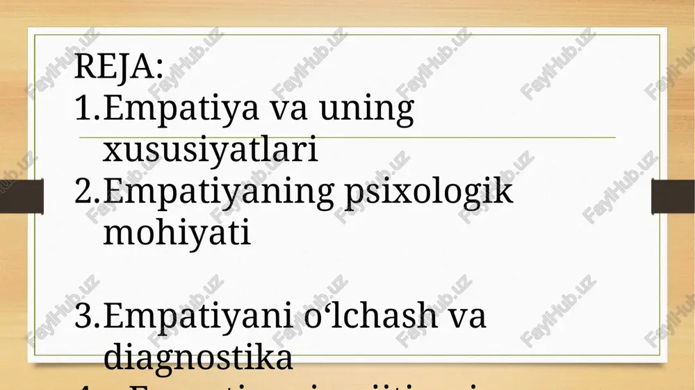 lekin doimo javob qaytarmaydi. yuqori empatiya – boshqalarning kechinmalarini chuqur his qiladi, ularni yengillatishga harakat qiladi. empatiyani o‘lchash va diagnostika psixologiyada empatiyani aniqlash uchun quyidagi metodikalar qo‘llaniladi: mehrabian va n. epsteyn shkalasi d. djoliff va d. farrington testi (empathic responsiveness scale) i.m. yusupovning “empatiya qobiliyatini aniqlash metodikasi” mark davisning interpersonal reactivity index (iri) empatiyaning shakllanishi empatiya bolalik davridan boshlab shakllanadi va quyidagilarga bog‘liq: oiladagi mehr-muhabbat va emotsional muloqot darajasi; ota-onaning emotsional namunalari; ijtimoiy tajriba va muloqot ko‘nikmalari; ta’lim va tarbiya muhiti. empatiyaning ijtimoiy ahamiyati jamiyatda mehr-shafqat, tolerantlik va birdamlikni rivojlantiradi. liderlik va kommunikatsiya jarayonlarida muhim rol o‘ynaydi. psixolog, pedagog, shifokor, rahbar, ijtimoiy xodim kabi kasblar uchun zarur sifatdir. empatiya va psixologik sog‘lomlik empatik insonlar: stressni yengilroq kechiradi, ijtimoiy qo‘llab-quvvatlovni tez topadi, konfliktlardan samarali chiqadi, ijobiy emotsiyalarni ko‘proq boshdan kechiradi. empatiyani rivojlantirish usullari faol tinglash mashqlari rol o‘ynash “agar men uning o‘rnida bo‘lganimda...” mashqi refleksiya va kundalik yozish art-terapiya, musiqaterapiya, dramatizatsiya …