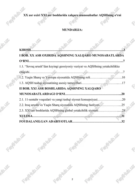 elgilangan.[footnoteref:1] [1: o‘zbekiston respublikasi prezidenti qarorlari va farmonlari, 2000–2025 yillar. ] shuningdek, prezident sh. mirziyoyevning 2018-yil may oyida aqshga qilgan rasmiy tashrifi davomida ikki davlat o‘rtasidagi hamkorlikning yangi bosqichga ko‘tarilgani alohida tarixiy voqea sifatida e’tirof etildi. ushbu tashrif davomida imzolangan qo‘shma bayonotda global xavfsizlik, iqtisodiy hamkorlik, mintaqaviy barqarorlik kabi masalalarda aqshning xalqaro siyosatdagi o‘rni bevosita tilga olindi. prezidentning bmt bosh assambleyasi sessiyalarida so‘zlagan nutqlarida ham zamonaviy xalqaro munosabatlar tahlil qilinib, jahon xavfsizligini ta’minlashda yetakchi davlatlar, jumladan aqshning mas’uliyati va ta’siri alohida qayd etiladi. jumladan, 2020-yil sentyabr oyidagi nutqda xalqaro hamkorlikni kuchaytirish, yirik davlatlarning global muammolarni hal etishdagi mas’uliyatini oshirish zarurligi ta’kidlangan. xx asr oxirida aqsh nafaqat harbiy qudrati, balki iqtisodiy salohiyati, texnologik ustunligi, xalqaro moliyaviy tizimdagi yetakchi o‘rni bilan ham jahon siyosatida hukmronlik mavqeiga ega bo‘ldi. shu davrda “yangi jahon tartibi” tushunchasi keng qo‘llanila boshladi va uning asosida xalqaro munosabatlarda demokratiya, bozor iqtisodiyoti hamda globallashuv tamoyillarini yoyish g‘oyasi ilgari surildi. …