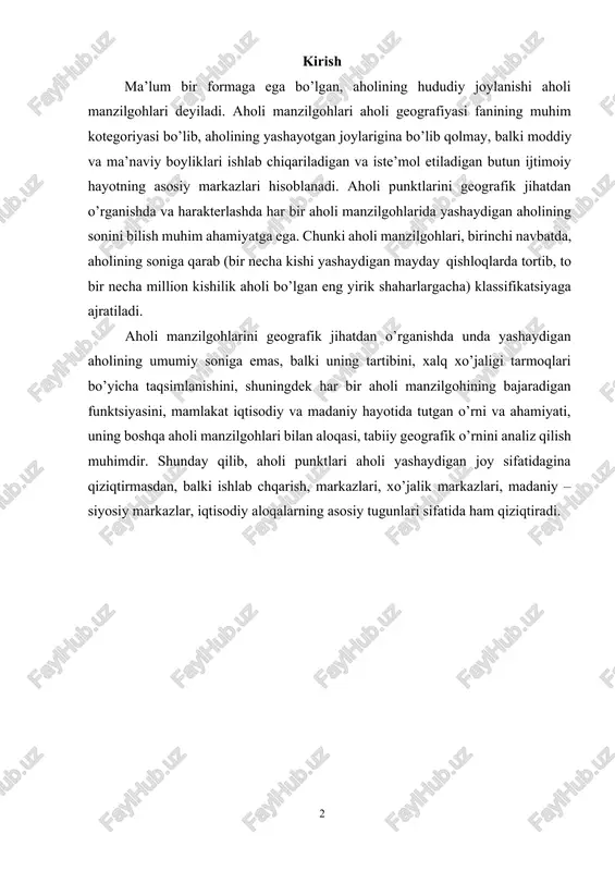 ahar va qishloq tushunchalari vujudga kelgan. hunarmandlar va savdo bilan shug’illanuvchilar yashaydigan aholi manzilgohlari shaharlar deb ataladi. qishloq ho’jalik mehnati bilan shug’ullanuvchilar yashaydigan joylar qishloqlar deb ataladi. shahar va qishloq tushunchalarining vujudga kelishi dunyoning turli qisimlarida bir vaqtda bo’lgan emas, albatta. ko’pchilik hollarda shaharlar, asosan, ibtidoiy jamoa tuzumidan quldorlik tuzimiga o’tish davrida vujudga kela boshladi. aholi manzilgohlari turli mamlakatlar hududida, ularning ayrim rayonlari bo’yicha taqsimlanishi va to’planishi asosan o’sha mamlakatning xo’jalik geografiyasi bilan belgilanadi. xo’jalikning hududiy joylashuvi, uning o’ziga xos xususiyatlari har bir rayon uchun aholi manzilgohlari muayyan formalarini vujudga keltiradi. professor v.v.pokshishevskiy aholi manzilzgohlarini qo’yidagi 6 ta formasini dunyo bo’yicha keng tarqalgan formalar deb hisoblaydi. qishloq aholi manzilgohlari yoyilgan (tarqoq) formasi. bunda odatda qishloq xo’jaliigi bilan shug’ullanuvchi aholi o’z hovlisi mehnat qilib yashaydi. qishloq aholisining tarqoq formasida, odatda, bir yoki bir necha ommadan iborat bo’gan aholi manzilgohlari yashashga hozirgi paytda aqsh ning ayrim rayonlarida keng tarqalgan formalari misol bo’la …