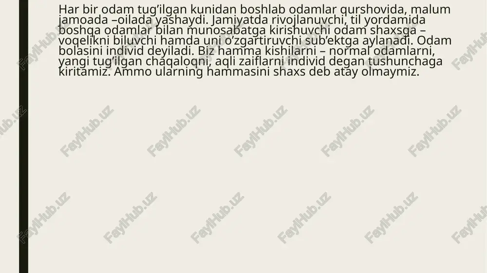 ga bog’liqdir. shaxsning nisbatan barqaror va nisbatan o’zgaruvchan xususiyatlari shaxs xislatlarining bir butunligi va o’zaro bog’liqligidan iborat bo’lgan murakkab birlikni, ya’ni dinamik tuzilishni hosil qiladi shaxs o’zining faoliyati tufayli tevarak-atrofdagi olam bilan faol munosabatda bo’ladi. shaxsning faolligi deganda odamning atrofdagi tashqi muhitga ko’rsatadigan ta’siri tushuniladi. tashqi muhit bilan faqat odamlar emas, hayvonlar ham o’zaro munosabatda boʻladilar. lekin hayvonlar tashqi muhitga moslashib yashaydilar, odamlar esa tashqi muhitga moslashib qolmasdan, uni o’zgartirishga ham qodirlar. shaxsning faolligi uning turli qiziqishlarida, ehtiyojlarida namoyon botadi. xx asr boshlarida yashagan avstriyalik psixiatr z.freyd shaxs faolligini quyidagicha tushuntiradi: “odam o’zining avlodlaridan nasliy yo’l bilan o’tgan instinktiv mayllarning namoyon botishi tufayli faoldir. eʼtiboringiz uchun rahmat image1.jpeg /docprops/thumbnail.jpeg