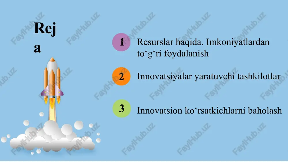 ish: innovatsiyalar yangi ish o‘rinlarini yaratadi va bu orqali jamiyatda farovonlikni oshiradi. yangi ish o‘rinlari: innovatsiyalar kompaniyalar va davlatlar uchun global bozorda raqobatbardoshlikni oshirishga yordam beradi. raqobatbardoshlik: innovatsiyalar yaratuvchi tashkilotlar turlari: texnologik kompaniyalar tesla google apple texnologik kompaniyalar bu kompaniyalar yangi texnologiyalarni ishlab chiqish va rivojlantirishga yo‘naltirilgan. ular o‘z ilmiy va texnologik potensialini amalga oshirish orqali innovatsiyalarni joriy etadilar. apple – smartfonlar, kompyuterlar va boshqa texnologik mahsulotlarni ishlab chiqaruvchi kompaniya. google (alphabet inc.) – sun'iy intellekt, qidiruv tizimlari, bulutli hisoblash va boshqa sohalarda innovatsiyalarni amalga oshiruvchi kompaniya. tesla – elektromobillar va qayta tiklanuvchi energiya manbalariga asoslangan texnologiyalarni ishlab chiqaruvchi kompaniya. universitetlar va ilmiy-tadqiqot markazlari universitetlar va ilmiy markazlar ko‘plab ilmiy tadqiqotlarni olib boradilar va yangi innovatsiyalarni yaratish uchun asosiy platformalarni ta'minlaydilar. o‘zining ilmiy va texnologik ishlarini amalga oshirib, ular yangi mahsulotlar va texnologiyalarni ishlab chiqishadi. misollar: mit (massachusetts institute of technology) – innovatsiyalarni yaratish va yangi texnologiyalarni ishlab chiqish sohasida …