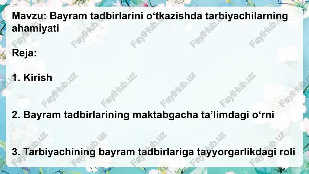 lari aks etadi; “mustaqillik bayrami”da vatanparvarlik, milliy gʻurur tarannum etiladi; “yangi yil”da esa quvonch, orzu va ezgulik tuyg‘ulari uyg‘unlashadi. 5. estetik va ma’naviy tarbiyada bayramlarning ahamiyati bayram tadbirlari orqali bolalar: go‘zallikni ko‘ra olish, his qilish, unga intilish ko‘nikmasini egallaydilar; madaniy odob, so‘zlashuv, sahnada o‘zini tutish qoidalarini o‘rganadilar; musiqa, raqs, rasm, sahna san’ati orqali o‘z ichki dunyolarini ifoda etadilar. 6. bayram tadbirlarida bolalarning faol ishtirokini ta’minlash tarbiyachi har bir bolaga o‘z iste’dodini namoyon etish imkonini berishi zarur. buning uchun: rollar bolalarning xarakteriga mos tanlanadi; kichik sahna chiqishlari, raqslar, she’r aytishlar jamoaviylikda tashkil etiladi; faol ishtirokchilar rag‘batlantiriladi. 7. bayramlar orqali milliy qadriyatlarni singdirish bayramlar milliy madaniyatimizning aks-sadosidir. tarbiyachi bolalarga: milliy kiyimlar, raqslar, urf-odatlar orqali o‘zligini anglashni; “mehr-oqibat”, “keksalarga hurmat”, “bolalarga g‘amxo‘rlik” kabi g‘oyalarni tushuntirishni; vatan, tabiat, ota-ona, ustozga hurmat kabi qadriyatlarni singdirishni ta’minlaydi. 8. tarbiyachining nutqi, mimikasi va pedagogik madaniyati bayram tadbirlarida tarbiyachining nutqi, ohangdorligi, mimikasi va kiyinish madaniyati katta rol o‘ynaydi. …