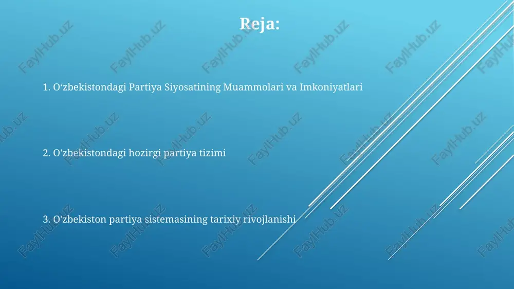 mlarining konstitutsiyaviy va huquqiy rivojlanishi o'zbekistonda hukmron partiya tizimi mavjud bo'lib, o'zlidep parlamentda ko'pchilik o'rinlarga ega va ijro etuvchi hokimiyatni nazorat qiladi. o'zbekiston konstitutsiyasi ko'p partiyali tizimni belgilaydi, unda siyosiy partiyalar uchun qonuniy asos, shu jumladan ro'yxatga olish, moliyalashtirish va saylovlarda ishtirok etish mavjud. 2017-yildan beri tizimda ko'p partiyali ishtirok etish va demokratik raqobatni kuchaytirishga qaratilgan islohotlar amalga oshirildi. xalqaro munosabatlar va partiya tizimlari xalqaro munosabatlar partiya tizimlari tomonidan ta'sirlanadi, bu tashqi siyosat va ittifoqlarga ta'sir qiladi. o'zbekistonda uzlidep partiyasi hukmron bo'lgan yagona partiyali tizim mavjud bo'lib, siyosiy raqobatni cheklaydi. ko'p partiyali tizimning yo'qligi siyosiy ishtirok etishni cheklaydi va tashqi siyosat variantlari doirasi cheklangan bo'lishi mumkin. sovet merosi oʻzbekistonning hukmron partiyasi boʻlgan oʻzbekiston liberal-demokratik partiyasi (ldp) mustaqillikdan beri siyosatni boshqarib keladi, garchi boshqa partiyalar ham mavjud boʻlsa-da. ko'p partiyali saylovlarga qaramay, ldpning hukmronligi va norozilikka cheklangan imkoniyat siyosiy raqobatning haqiqiy darajasi haqida savol tug'diradi. sovet ittifoqining ta'siri o'zbekistonning siyosiy tizimini …