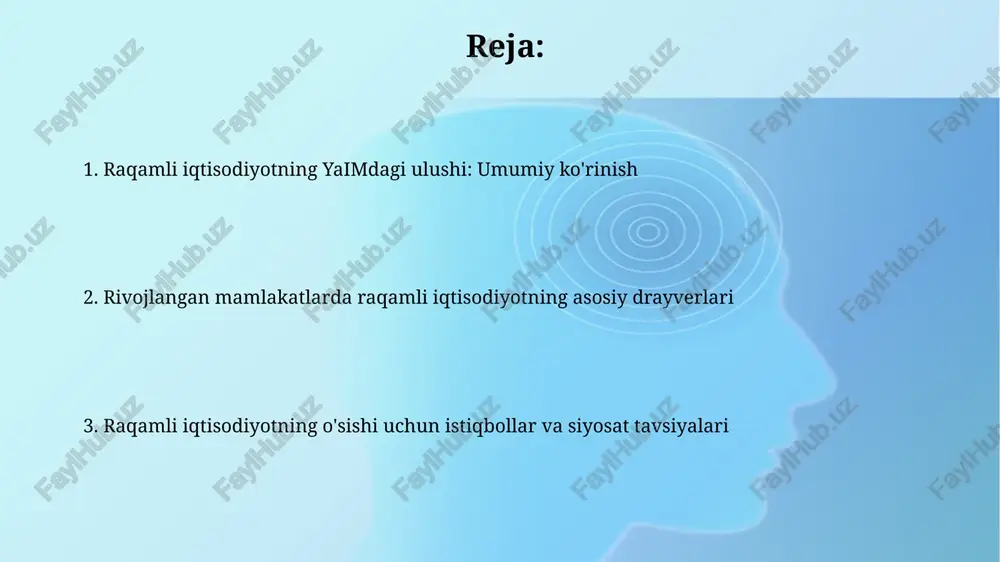 tijorat platformalarining ommalashuvi, masalan, amazon va alibaba, mahsulotlar va xizmatlar sotuvini 45% ga oshirib, chakana savdo sektorida raqamli o'zgarishlarni ta'minlaydi. raqamli iqtisodiyotning iqtisodiy ta'siri va o'sishga qo'shgan hissasi raqamli iqtisodiyot yaimga ta'siri 15-25% gacha o'sishi mumkin, bu elektron tijorat, bulutli hisoblash va raqamli xizmatlar rivojlanishi bilan bog'liq bo'lib, yangi ish o'rinlari yaratadi. raqamli texnologiyalar samaradorlikni oshirib, ishlab chiqarish xarajatlarini 10-20% ga kamaytiradi, bu esa kompaniyalar daromadini oshiradi va global raqobatbardoshlikni ta'minlaydi. xulosalar va kelajak istiqbollari raqamli iqtisodiyotning yaimdagi ulushi 2025-yilga borib 25% gacha o'sishi kutilmoqda, bu esa innovatsiyalarni rag'batlantirish va investitsiyalarni jalb qilishni talab etadi. kelajakda sun'iy intellekt va blokcheyn texnologiyalari yaimga sezilarli ta'sir ko'rsatadi, 30% dan ortiq qo'shimcha o'sish imkoniyatini yaratadi. e'tiboringiz uchun rahmat image2.png image3.jpg image4.jpg image5.jpg image6.jpg image7.jpg image8.jpg image1.png