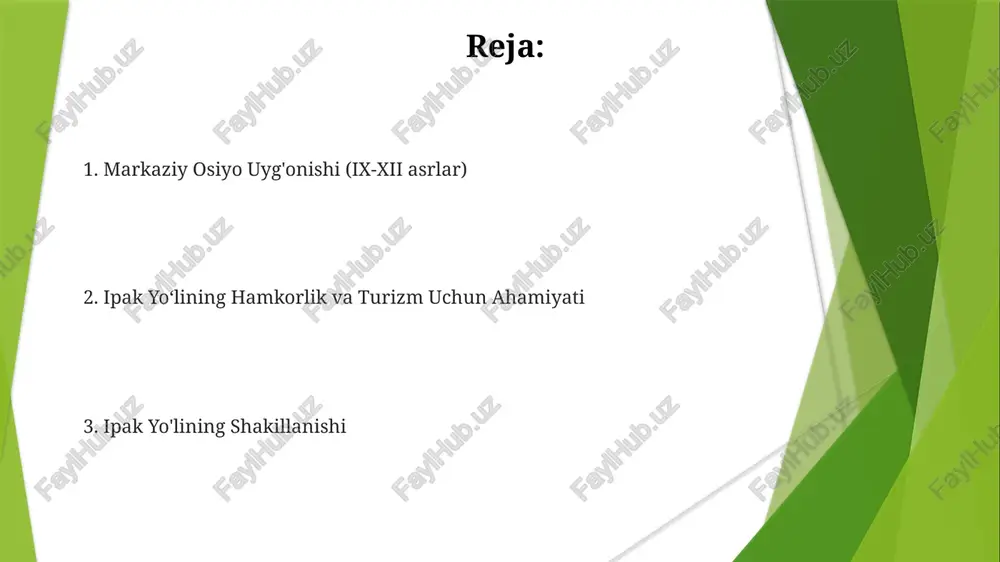 shni targ'ib qiladigan o'zaro bog'liqlik ramzi bo'lib xizmat qiladi. markaziy osiyo uyg'onishining doimiy ta'siri ipak yo'li sharqni va g'arbni, asosan ipak va tovarlarni almashish uchun bog'laydigan savdo yo'llari tarmog'i sifatida paydo bo'ldi. u miloddan avvalgi ii asrda boshlangan va asrlar davomida gullab-yashnagan. ipak yo'li millatlar o'rtasida madaniy almashinuv va iqtisodiy rivojlanishni ta'minladi, bugungi kunda turizm va madaniyatlararo tushunishni rivojlantiradi. markaziy osiyo uyg'onishi (ix-xii asrlar) shaharlarning gullab-yashnashi, ilmiy va badiiy taraqqiyot, shuningdek, kuchli imperiyalar bilan ajralib turadigan ijtimoiy, iqtisodiy va madaniy taraqqiyotni ko'rdi. markaziy osiyoning oltin asri: yutuqlar va yangiliklar ipak yo'li xalqlar o'rtasida madaniy almashinuv va iqtisodiy rivojlanishni ta'minladi. uning tarixiy ahamiyati turizm va madaniyatlararo tushunishni targ'ib qilishda davom etmoqda. markaziy osiyo uyg'onishi (ix-xii asrlar) ijtimoiy, iqtisodiy va madaniy taraqqiyotning muhim davri bo'lgan. gullab-yashnagan shaharlar, fan va san'atdagi yutuqlar, qudratli imperiyalar bu oltin davrni belgilaydi. ipak yo'li asosan ipak va boshqa tovarlar almashinuvi uchun sharqni g'arb bilan bog'lovchi savdo yo'llari …