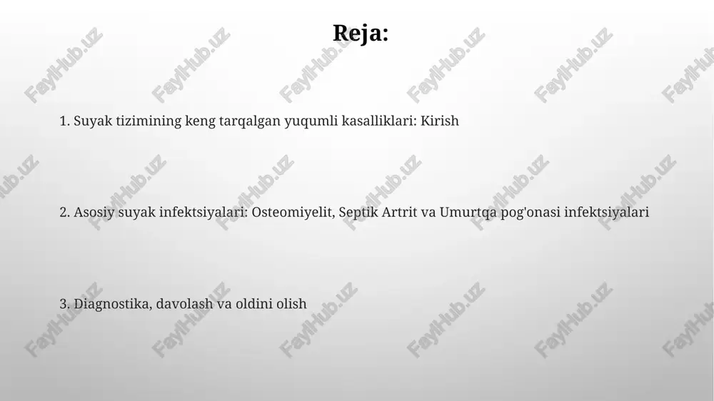 riostal reaktsiya va skleroz kabi o'zgarishlarni aniqlashga yordam beradi. osteomiyelitni davolash osteomiyelitni davolash odatda 4-6 hafta davom etadigan antibiotik terapiyasini o'z ichiga oladi, bunda suyak ichiga yaxshi kirib boradigan vankomitsin yoki linezolid kabi dorilar qo'llaniladi. jarrohlik davolash o'lik suyak (sekvestr) olib tashlashni, yiringni tozalashni va to'qimalarni tiklashni o'z ichiga olishi mumkin; bo'shliqlar suyak tsementi yoki suyak transplantati bilan to'ldiriladi. septik artrit: umumiy ko'rinish septik artrit – bu bo‘g‘imning bakteriyalar, viruslar yoki zamburug‘lar kabi mikroorganizmlar bilan yuqishi natijasida yuzaga keladigan yallig‘lanishli kasallikdir. bu tezda bo‘g‘imning shikastlanishiga olib kelishi mumkin. staphylococcus aureus 50% dan ortiq holatlarda sababchi bo‘lib, boshqa keng tarqalgan bakteriyalar streptococcus turlari va gram-manfiy tayoqchalardir, ayniqsa immuniteti past bemorlarda. septik artritning sabablari septik artritning sabablari orasida staphylococcus aureus bakteriyasi yetakchi o'rinda turadi, 50-60% holatlarda uchraydi, teri va yumshoq to'qimalar infeksiyasidan qonga o'tadi. immun tizimi zaiflashgan bemorlarda, masalan, qandli diabet yoki oiv infeksiyasi bilan og'riganlarda, septik artritga nisbatan xavf 3-5 barobar …