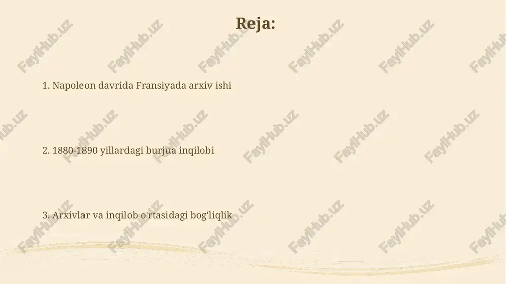 tlar va davlat xatlari kabi muhim ma'lumotlarni o'z ichiga oladi hamda imperiyaning boshqaruvini yoritadi. napoleon davrida arxiv xodimlarining roli napoleon davrida arxiv xodimlari muhim hujjatlarni saqlash va kataloglash orqali davlat boshqaruvini 1790-yillardan boshlab rivojlantirishda ishtirok etgan. arxiv xodimlari imperator farmonlari, qonunlar va sud hujjatlarini 1800-yillarda tizimlashtirish orqali napoleon siyosatini amalga oshirishda bevosita yordam bergan. burjua inqilobi (1880-1890): ijtimoiy va siyosiy zamin 1880-1890-yillarda sanoat rivojlanishi ishchilar sinfini shakllantirdi, ularning soni va siyosiy talablari ortib, burjuaziya hukmronligiga qarshi chiqdi. qishloq xo'jaligida kapitalistik munosabatlar rivojlanib, dehqonlarning ijtimoiy tabaqalanishi kuchaydi. 1880-yillarda dehqonlar norozilik harakatlari avj oldi. arxivlarga inqilobning ta'siri inqilob arxivlarga bevosita ta'sir ko'rsatdi, ularni davlat mulki deb e'lon qildi va 1794-yilda milliy arxivni yaratdi, bu esa hujjatlarni markazlashtirishga yordam berdi. fransuz inqilobi davrida arxivlar yangi siyosiy tartibni qonuniylashtirishda muhim rol o'ynadi, hukumat hujjatlari va davlat arxivlari ahamiyati ortdi. arxiv qonunchiligidagi o'zgarishlar 1884-yilgi qonun arxivlarga kirishni tartibga solib, 50 yillik qoidani joriy qildi, bu …