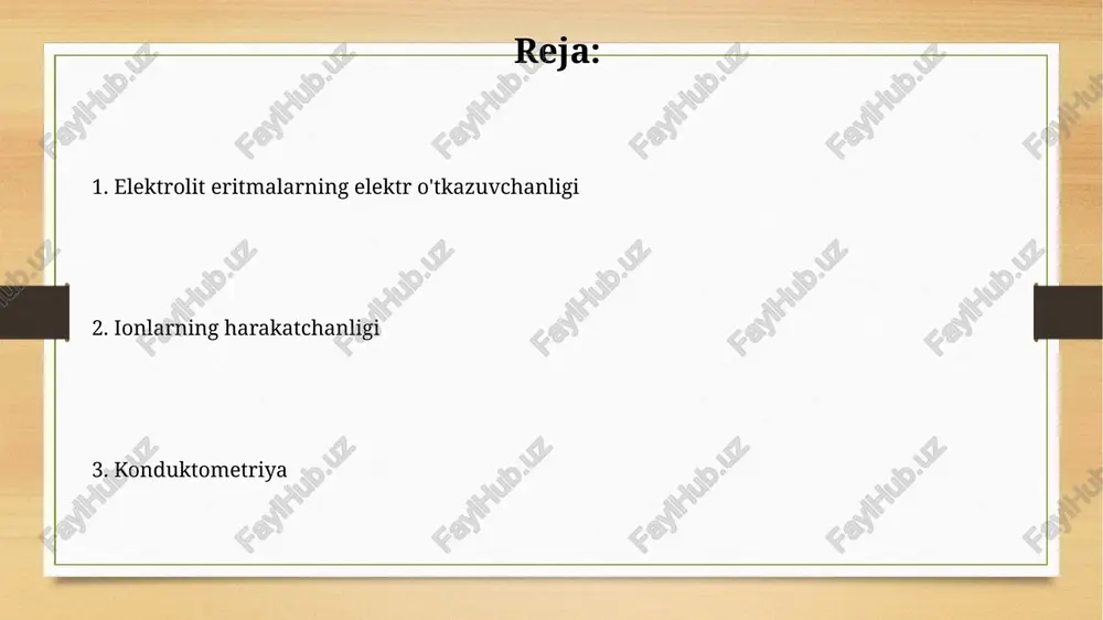 atmosferasi ularning harakatini sekinlashtiradi, bu esa o'tkazuvchanlikni kamaytiradi. o'tkazuvchanlikni o'lchash usullari (konduktometriya) konduktometriya o'zgaruvchan tok manbaidan (odatda 1 khz chastotada) foydalanadi, polarizatsiyani minimallashtirish uchun, elektrolit eritmasining qarshiligini aniqlash uchun wheatstone ko'prigi kabi sxemalarda. konduktometrik titrlashda, eritmaning elektr o'tkazuvchanligi titrant qo'shilishi bilan o'lchanadi; ekvivalentlik nuqtasi o'tkazuvchanlikning keskin o'zgarishi bilan aniqlanadi. konduktometrik asboblar va ularning tuzilishi konduktometrik asboblar, odatda, wheatstone ko'prigi sxemasiga asoslangan bo'lib, namunaning qarshiligini aniq o'lchash imkoniyatini beradi, bu esa o'z navbatida o'tkazuvchanlikni hisoblashga olib keladi. asboblar ikki elektrodli yoki to'rt elektrodli sensorlardan foydalanishi mumkin; to'rt elektrodli konfiguratsiya elektrod polarizatsiyasi ta'sirini kamaytiradi va aniqroq o'lchashlarni ta'minlaydi. konduktometrik titrlash: printsip va qo'llanilishi konduktometrik titrlash jarayonida eritma elektr o'tkazuvchanligining o'zgarishi kuzatiladi, bu ionlarning konsentratsiyasi o'zgarishi bilan bog'liq. titrlash egri chizig'i ekvivalentlik nuqtasini aniqlashga yordam beradi. konduktometrik titrlashning asosiy printsipi eritmaning solishtirma elektr o'tkazuvchanligini (ms/sm) titrlash davomida o'lchash orqali analitning konsentratsiyasini aniqlashga asoslangan. suvning solishtirma o'tkazuvchanligini aniqlash eritma solishtirma o'tkazuvchanligini aniqlash uchun wheatstone …