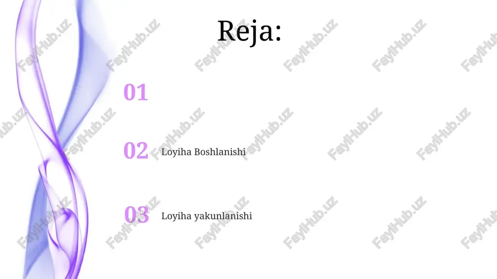 h va boshqarish. muvaffaqiyat metrikasi loyiha davomida ishlatilgan ma'lumotlar, materiallar va aktivlar. muvaffaqiyat metrikasi: taraqqiyotni kuzatib boring va loyiha natijalarini o'lchang. loyiha bosqichlari: bosqichlarni, vaqt jadvallarini va topshiriqlarni aniqlang. loyiha boshlanishi loyiha boshlanishi: loyiha doirasini, maqsadlarini va resurslarini aniqlaydi. hujjatlar, aloqa va topshiriqlar. loyiha bosqichlari: rejalashtirish, ijro etish, nazorat qilish va boshqarish, yopish. joylashtirish va chiqarish ve็บ sayt yoki dasturda mavjud bo'lgan matn, rasm, video va boshqa materiallar. joriy etish va chiqarish: dasturni ishlab chiqishdan ishlab chiqarishga o'tkazish, barqarorlik va funksiyalarni ta'minlash. loyiha bosqichlari: dasturiy ta'minot ishlab chiqarishining dastlabki rejalashtirishdan tortib to ishga tushirish va doimiy xizmat ko'rsatishgacha bo'lgan aniq bosqichlari. xatarlarni boshqarish yetkazib berish, hujjatlar, aloqa, resurslar va byudjet. loyiha bosqichlari: boshlash, rejalashtirish, bajarish, kuzatish va boshqarish, yakunlash. xatarlarni boshqarish: loyiha muvaffaqiyatiga tahdid soladigan potentsial xatarlarni aniqlash, baholash va kamaytirish. texnik xizmat ko'rsatish va qo'llab-quvvatlash add text add text add text add text add text add text loyiha doirasida …