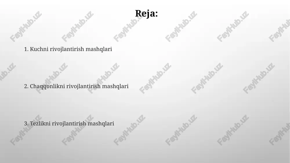 lashtirish muhim, bu esa yuqori tezlikda kuch ishlab chiqarishga yordam beradi. og'ir atletika mashqlari og'ir atletika mashqlarida ko'krakdan ko'tarish, siltash va turtish kabi harakatlar asosiy bo'lib, ularning har biri muayyan texnikaga va og'irlik darajasiga ega. og'ir atletika mashqlari mushaklarni kuchaytirish, quvvatni oshirish va tana tarkibini yaxshilashga yordam beradi, ayniqsa 1 rm (bir marta maksimal ko'tarish) orqali o'lchanadi. sprint mashqlari sprint mashqlari tezlikni oshirishga qaratilgan boʻlib, 10-60 metrlik maksimal tezlik bilan yugurishni oʻz ichiga oladi, bu mushak tolalarini tez qisqarishga oʻrgatadi. sprint mashqlari orasida “acceleration drills” muhim ahamiyatga ega; 30-50 metrlik masofada asta-sekin tezlikni oshirib borish orqali tezlanish qobiliyatini rivojlantirishga yordam beradi. konus va zinapoya mashqlari konus mashqlari tezlikni oshirishda muhim, ayniqsa lateral harakatlarda; masalan, 3-konusli mashqlar reaksiyani yaxshilash va 10 metrga tezlashishni ta'minlaydi. zinapoya mashqlari oyoq harakatini tezlashtirish va koordinatsiyani rivojlantirish uchun ideal, 4 xil usulda 12 qadamli zinapoyada takrorlash tezligini oshiradi. muvozanat va barqarorlik mashqlari muvozanat taxtalari, masalan, wobble …