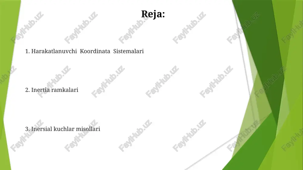 i kuchdir. inersiya kuchlariga misol qilib, markazdan qochirma kuch, koriolis kuchi va aylanuvchi ramkaning tortish kuchi kiradi. inertsiya kuchlari tezlashuv tufayli inersial boʻlmagan hayoliy koordinata sistemasida paydo boʻladigan koʻrinishdagi kuchlardir. e'tiboringiz uchun rahmat @taqdimot_robot