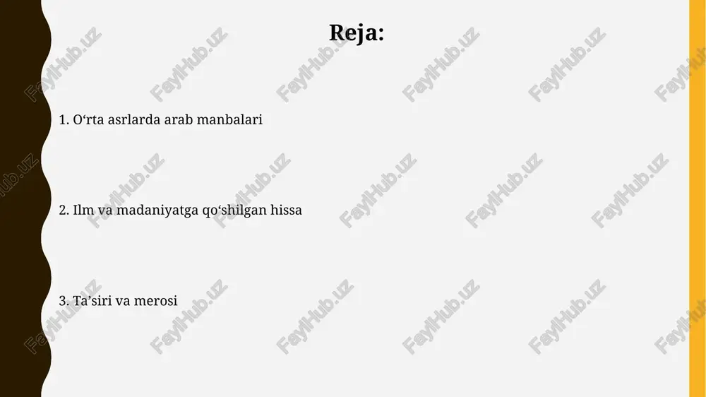 -idrisiyning 1154-yildagi dunyo xaritasi, tabula rogeriana, o'z davri uchun juda aniq bo'lib, unda yevroosiyo va afrikaning batafsil tasvirlari, jumladan 70 ta bo'lim mavjud. abu rayhon beruniyning xi asrda hindiston haqidagi geografik ishlari uning er radiusini o'lchash usullari va joylashuvlarni aniqlash uchun matematik hisob-kitoblariga asoslangan. tarixshunoslik va biografiya oʻrta asr arab tarixshunosligida isnad (dalillar zanjiri) usuli muhim edi, bu esa bir voqeaning ishonchliligini tasdiqlash uchun 700-900 yillarda keng qo'llanilgan. tarjimai hollar (arabcha: 'ilm ar-rijal) ulamosi hadis ilmining rivojlanishiga yordam bergan, 8-10-asrlarda ishonchli ma'lumotlarni aniqlashda muhim ahamiyatga ega bo'lgan. adabiyot va she'riyat adabiyotda “maqomat” janri keng tarqalgan bo'lib, 10-asrda hamadoniy tomonidan yaratilgan; bu hikoyalar 400 dan ortiq turli xil so'z o'yinlaridan foydalangan. she’riyatda qasida janri muhim edi, ko’pincha 60-100 baytdan iborat bo’lib, homiylarni maqtab, urushlarni tasvirlab, tuyg’ularni ifodalagan. huquqshunoslik va islom huquqi “huquqshunoslik” asari fiqhning usuliga oid boʻlib, unda islom huquqining 4 ta asosiy manbasi – qur'on, sunnat, ijmo' va qiyos chuqur …