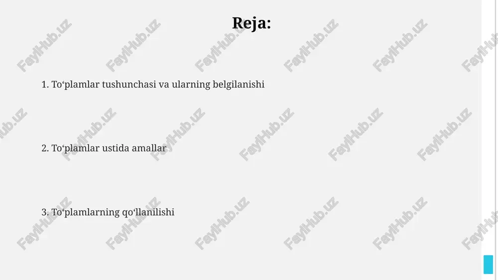 to'plamlarning kesishmasi, masalan a va b, ikkala to'plamda ham mavjud bo'lgan barcha elementlardan iborat bo'lib, a ∩ b kabi ifodalanadi, natijada umumiy elementlar soni kelib chiqadi. agar a = {1, 2, 3, 4, 5} va b = {3, 4, 5, 6, 7} bo'lsa, a va b to'plamlarning kesishmasi {3, 4, 5} bo'ladi, chunki bu elementlar ikkala to'plamda ham bor. kesishma amali kommutativ, ya'ni a ∩ b = b ∩ a; va assosiativ, ya'ni (a ∩ b) ∩ c = a ∩ (b ∩ c). bu xususiyatlar to'plamlar bilan ishlashni osonlashtiradi. to'plamlar ustida amallar: ayirma agar a to'plamda 5 ta element bo'lsa va b to'plamda 3 ta element bo'lsa, a va b kesishmasida 1 ta element bo'lsa, unda a \ b da 4 ta element mavjud bo'ladi. to'plamlar ayirmasi a \ b, a to'plamga tegishli bo'lgan, lekin b to'plamga tegishli bo'lmagan elementlardan iborat. masalan, a={1, 2, 3} va b={3, 4} bo'lsa, …