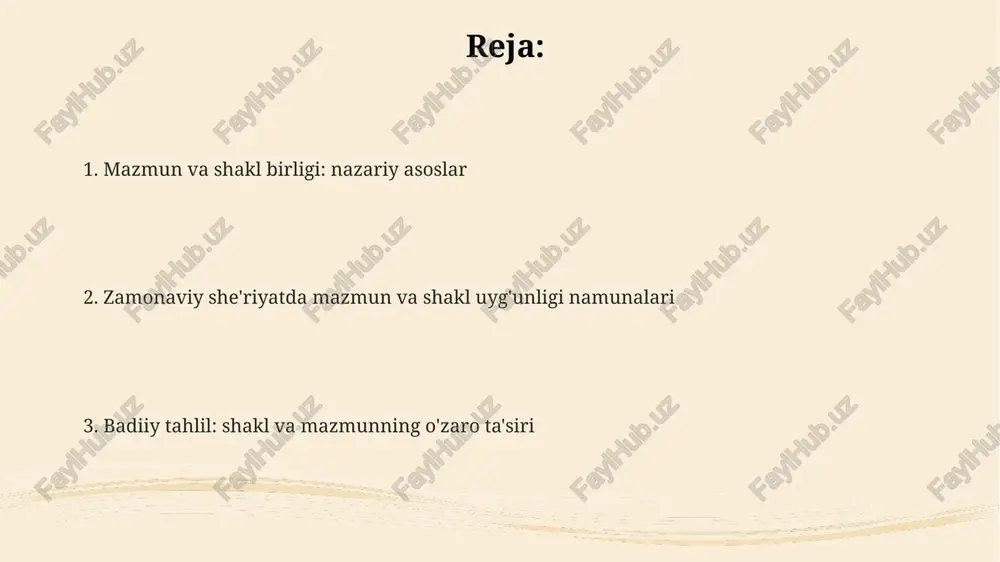 aruvchi vositalar majmui, xususan kompozitsiya, syujet va badiiy til; 100% mohiyatga mos kelishi shart. zamonaviy she'riyatda shakl va mazmunning o'zaro aloqadorligi zamonaviy she’riyatda shakl va mazmun dialektik birlikda boʻlib, mazmun shaklni belgilaydi (1), shakl esa mazmunni yoritadi, uning ta'sir kuchini oshiradi. modern she'riyatda g’oyaviy-emotsional mazmunni ifodalash uchun shakl (2) innovatsion xususiyatga ega: erkin vazn, assonans, alliteratsiya va yangi ritmik usullar qo'llaniladi. zamonaviy she'riyatda (3) mazmunning murakkabligi shaklning oʻzgaruvchanligiga sabab boʻladi, bunda janrlar sintezi, kollaj usuli va intertekstuallikdan keng foydalaniladi. misol 1: shakl va mazmunning muvaffaqiyatli uyg'unligi she'rda lirik qahramonning his-tuyg'ulari, tabiat manzaralari va xotiralarining birligi, shaklning mazmunga mosligi orqali ifodalanadi, bu esa 30 soʻzdan iborat misralarda o'z aksini topadi. h.olimjonning «xayolimda boʻlding uzun kun...» she'rida shakl va mazmun uyg'unligi, qalb torlarini tebratib, o'quvchida hayajon uyg'otadi, bu esa 20-asr oʻzbek she'riyatining yorqin namunasi hisoblanadi. mazmunning chuqurligi va shaklning ixchamligi, she'rning o'quvchiga ta'sirini kuchaytiradi, 25 ta so'zdan iborat har bir misra, mazmunning …