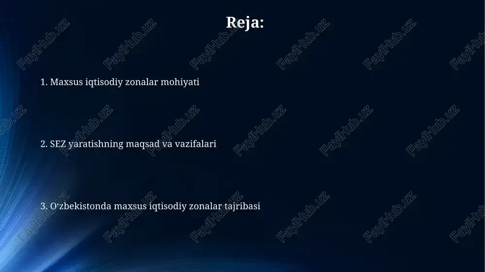 -yilgacha 2 barobarga oshirish, yuqori qo'shimcha qiymatli mahsulotlar ishlab chiqarishga yo'naltirilgan investitsiyalarni jalb qilish strategiyasi muhim. innovatsion mizlarda raqamli infratuzilmani rivojlantirish, 5g texnologiyalarini joriy etish, it-startaplar uchun qulay muhit yaratish va 2030-yilgacha 100 dan ortiq yangi korxonalarni tashkil etish ko'zda tutilgan. xulosa va tavsiyalar xulosa qilib aytganda, sezlar investitsiya oqimini 15-20% ga oshirishi, eksport hajmini kamida 2 barobar ko'paytirishi mumkin, ammo adolatli mehnat standartlari muhim. tavsiyalar shuni ko'rsatadiki, sezlar infratuzilmasiga 30 million dollardan kam bo'lmagan sarmoya kiritish, soliq imtiyozlarini 5-7 yilgacha uzaytirish kerak. e'tiboringiz uchun rahmat image6.jpg image7.jpg image8.jpg image9.jpg image10.jpg image11.jpg image4.jpeg