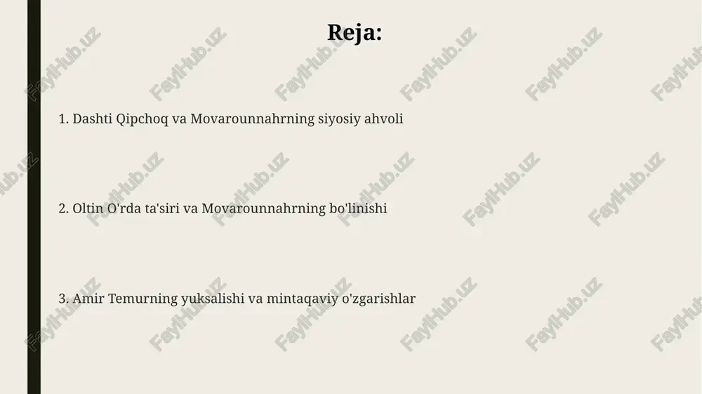 o'limidan so'ng yuz berdi. chig'atoy, chingizxonning ikkinchi o'g'li, movarounnahr va unga tutash hududlarga egalik qildi. movarounnahrda siyosiy manzara chig'atoy ulusi hukmronligi davrida o'zgarib turdi. mahalliy zodagonlar va mo'g'ul amirlari o'rtasida hokimiyat uchun kurash doimiy bo'lgan. xiv asrda dashti qipchoqdagi ichki nizolar va taxt uchun kurashlar o'n to'rtinchi asrda oltin o'rda taxti uchun kurashlar kuchaydi, ayniqsa to'xtamishxonning vafotidan so'ng, 1395-yilda temuriylar tomonidan mag'lubiyatga uchraganidan keyin. ichki nizolar, ayniqsa edigeyning hokimiyatga kelishi bilan yanada avj oldi. u 1396-yildan 1419-yilgacha de-fakto hukmdor bo'lib, o'z qo'g'irchoq xonlarini tayinlagan. dashti qipchoqdagi taxt uchun kurashlar davrida ko'plab xonlar almashdi, bu esa siyosiy beqarorlik va iqtisodiy tanazzulga olib keldi, ayniqsa 1360-1380 yillarda. xiv asrda movarounnahrdagi ichki nizolar va taxt uchun kurashlar 14-asr oʻrtalarida chigʻatoy ulusining parchalanishi natijasida turli amirlar hokimiyat uchun kurash olib bordilar, bu esa movarounnahrning siyosiy beqarorligiga olib keldi. 1360-yillarda amir temurning siyosiy sahnaga chiqishi, chig'atoy ulusida hokimiyat uchun kurashda muhim bosqich bo'ldi va mahalliy …