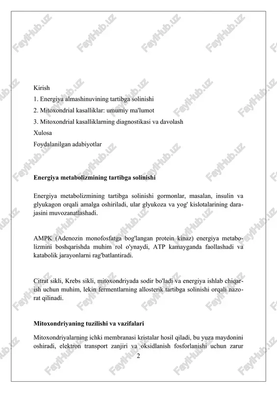 sh zanjirini ta'minlaydi. oksidlanish fosforlanishi mitoxondriyal ichki membranada sodir bo'ladi, nadh va fadh2 dan elektronlar atp sintaz orqali atp ishlab chiqarish uchun ishlatiladi. bu jarayon 30-34 atp molekulasini hosil qiladi. glikoliz glikoliz sitozolda sodir bo'ladi va bitta glyukoza molekulasini ikkita piruvat molekulasiga, shuningdek, ikkita atp va ikkita nadh molekulasiga aylantiradi. bu jarayon anaerob sharoitda ham energiya olish imkonini beradi. glikolizning 10 ta asosiy bosqichi mavjud bo'lib, ularning 3 tasi qaytarilmas bo'lib, fermentlar tomonidan tartibga solinadi. masalan, fosfofruktokinaza-1 (pfk-1) atp va amp nisbati orqali nazorat qilinadi. glikolizda glyukoza 6-fosfatga aylantiriladi va keyin fruktoza 1,6-bisfosfatga aylanadi. ushbu bosqichlar glyukoza va fruktozani metabolizm yo'llariga kiritishda muhim rol o'ynaydi. krebs sikli (trikarboksil kislotalar sikli) krebs sikli mitoxondriyada sodir bo'lib, asosan atsetil-koa molekulasining to'liq oksidlanishi orqali energiya ishlab chiqaradi, bunda 2 molekula co2 hosil bo'ladi. siklda 8 ta asosiy bosqich mavjud bo'lib, har biri o'ziga xos ferment tomonidan katalizlanadi va nad+ va fad kabi kofermentlar …