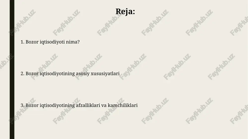 loslanishni kamaytirmasligi mumkin. bozor iqtisodiyoti turlari arzonlashtirilgan bozor iqtisodiyotida hukumat resurslarni taqsimlashda sezilarli rol o'ynaydi, lekin asosiy narx mexanizmlari orqali, 50 foizgacha ta'sir ko'rsatadi. erkin bozor iqtisodiyotida xususiy mulk ustunligi tufayli davlat aralashuvi minimal darajada, ya'ni 10 foizdan kam bo'lib, raqobat orqali narxlar shakllanadi. bozor iqtisodiyotiga misollar germaniyada avtomobilsozlik sanoati bozor iqtisodiyotiga misol bo'la oladi, u erda bmw va volkswagen kabi kompaniyalar iste'molchilar talabiga javoban raqobatlashadilar va narxlarni belgilaydilar. janubiy koreyaning elektronika sanoati, samsung va lg kabi global brendlar bilan, bozor iqtisodiyotining yorqin namunasidir, innovatsiyalar va resurslarni taqsimlash orqali o'sishni ta'minlaydi. e'tiboringiz uchun rahmat image1.png image2.jpg image3.jpg image4.jpg image5.jpg image6.jpg image7.jpg