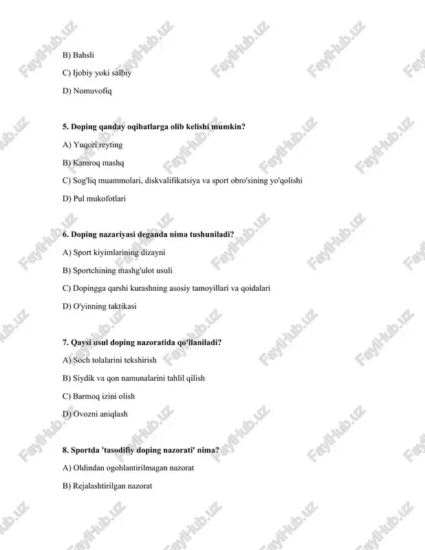 ? a) tibbiy maslahatchilarga bo'ysunmaslik b) faqat mashg'ulotlar bilan shug'ullanish c) adolatli o'yin tamoyillariga rioya qilish va dopingdan voz kechish d) dopingdan foydalanish 13. dopingning turlari qaysilar? a) anabolik steroidlar, qon dopingi, genetik doping va boshqalar b) faqat genetik doping c) faqat qon dopingi d) faqat anabolik steroidlar 14. doping nazorati qayerda o'tkazilishi mumkin? a) faqat uyda b) faqat sport zalida c) musobaqa va mashg'ulot vaqtida istalgan joyda d) faqat musobaqa vaqtida 15. doping nazoratini o'tkazish tartibi qanday? a) nazorat umuman o'tkazilmaydi. b) sportchi o'zi xohlagan paytda nazorat o'tkazadi. c) nazoratchi sportchini topib, identifikatsiya qiladi, namunalar olinadi va tahlil qilinadi. d) faqat murabbiy nazorat o'tkaza oladi. javoblar: № javoblar 1 b 2 d 3 d 4 c 5 c 6 c 7 b 8 a 9 d 10 d 11 d 12 c 13 a 14 c 15 c /docprops/thumbnail.jpeg