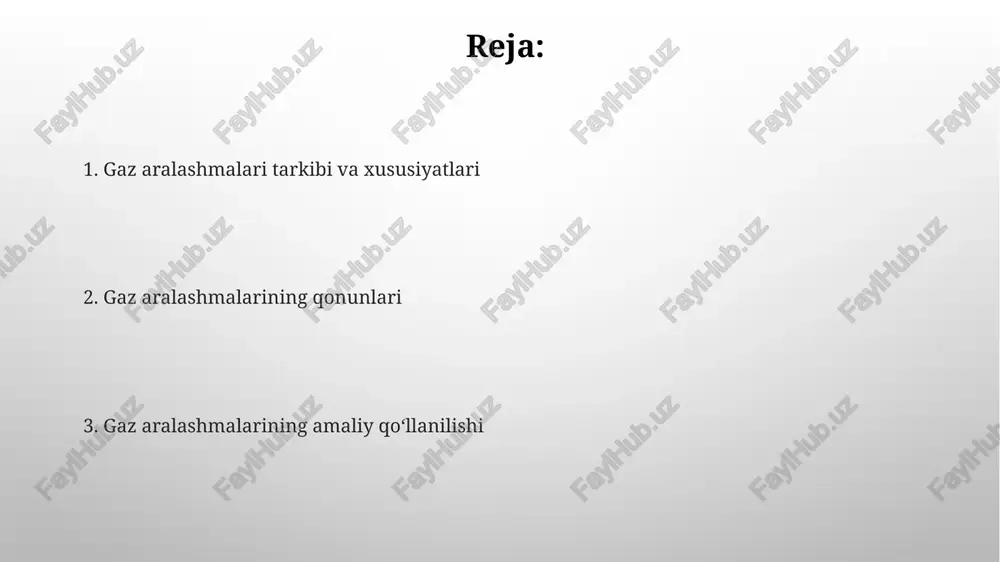 muhim rol o'ynaydi, chunki u umumiy bosimni komponentlarning qisman bosimlarining yig'indisi sifatida ifodalaydi, bu esa mol ulushlarini hisoblashda kerak. gaz aralashmalarining zichligi gaz aralashmasining zichligi har bir komponent gazning molyar ulushi va molyar massasiga bog'liq. odatda, zichlikni hisoblash uchun o'rtacha molyar massa va ideal gaz qonuni qo'llaniladi. aralashma zichligi gazlarning qisman bosimlariga ham bog'liq. dalton qonuniga ko'ra, umumiy bosim har bir gazning qisman bosimlarining yig'indisiga teng, bu zichlikni aniqlashda muhim. gaz aralashmalarining termodinamik xususiyatlari ideal gaz aralashmasining ichki energiyasi (u) har bir komponentning ichki energiyalarining yig'indisiga teng, bu komponentning mol qismi va haroratga bog'liq bo'ladi. real gaz aralashmalari termodinamik xususiyatlarini hisoblashda virial tenglamasidan foydalanish muhim, chunki u molekulalararo o'zaro ta'sirlarni 2-virial koeffitsient orqali hisobga oladi. gaz aralashmalarining ajratish usullari kriogen distillyatsiya past haroratlarda, masalan, -196°c da azot va kislorodning qaynash nuqtalaridagi farqdan foydalanib, ularni ajratish uchun ishlatiladi; bu sanoat usuli hisoblanadi. absorbsiya usuli, ma'lum gazlarni selektiv yutuvchi suyuqliklardan foydalanadi; masalan, …