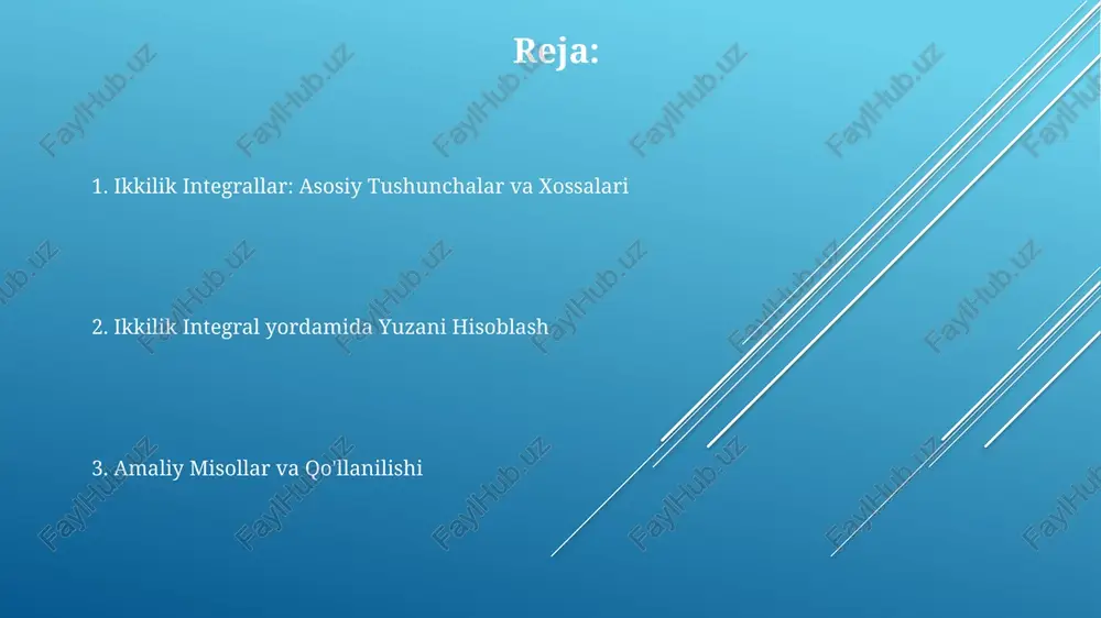 ni hisoblash dekart koordinatalarida ikkilik integralni hisoblash uchun, birinchi qadam integrallash tartibini aniqlashdir: dx dy yoki dy dx. integrallash tartibi chegaralarni belgilaydi. fubini teoremasi yordamida, ikkilik integralni ketma-ket bir o'zgaruvchili integrallarga aylantiramiz. masalan, ∫∫f(x, y) da ni ∫[a, b]∫[g1(x), g2(x)] f(x, y) dy dx ko'rinishida ifodalash mumkin. agar integral mintaqasi murakkab shaklga ega bo'lsa, uni bir nechta oddiyroq mintaqalarga bo'lish mumkin. har bir kichik mintaqada integralni hisoblash va natijalarni yig'ish umumiy integralni beradi. integrallash tartibini o'zgartirish agar birinchi integratsiya qiyin bo'lsa, integrallash tartibini almashtirish yechimni soddalashtirishi mumkin. bu, ayniqsa, murakkab funksiyalar uchun, masalan, e^(-x^2) kabi hollarda foydalidir. integrallash tartibini o'zgartirishda yangi chegaralar topiladi, bu esa 2d sohaning tavsifini o'zgartiradi. misol uchun, integral ∫∫f(x,y) dydx ∫∫f(x,y) dxdy ga aylanadi. tartibni almashtirishda, integrallash sohasining geometrik shaklini aniq tasavvur qilish muhim. xatolikka yo'l qo'ymaslik uchun, chegaralarni to'g'ri aniqlash, masalan, y=x va y=x^2 sohasida. qutb koordinatalarida ikkilik integral qutb koordinatalarida ikkilik integraldan foydalanganda, integrallash …